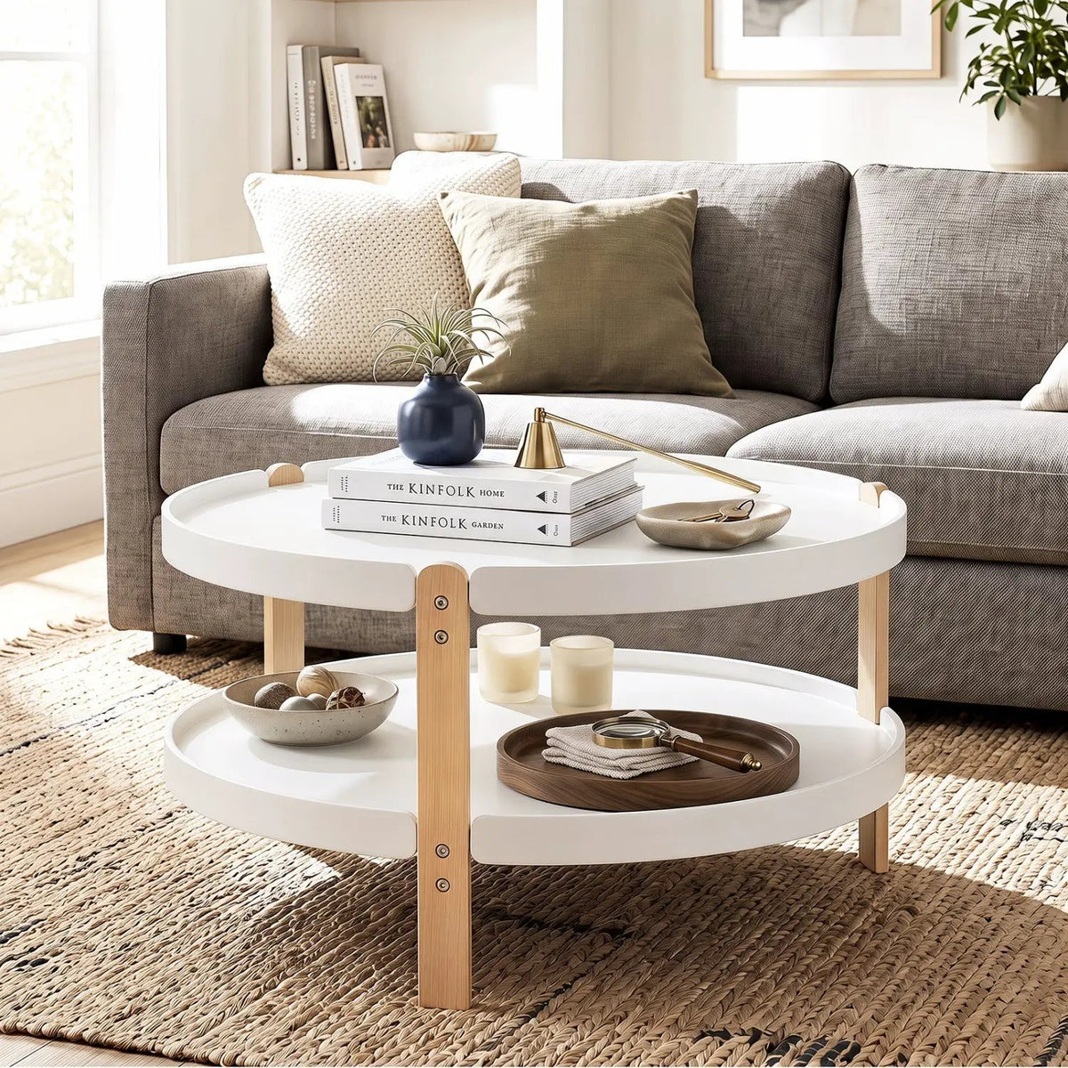 Round Coffee Table with 2-Tier Storage and Beech Wood Legs by DirectDeals