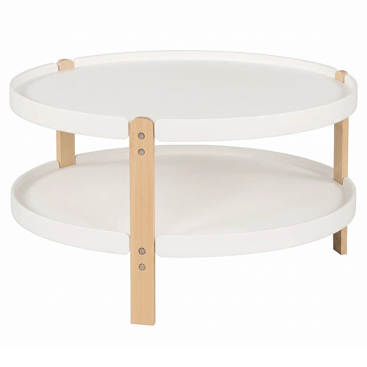 Round Coffee Table with 2-Tier Storage and Beech Wood Legs by DirectDeals