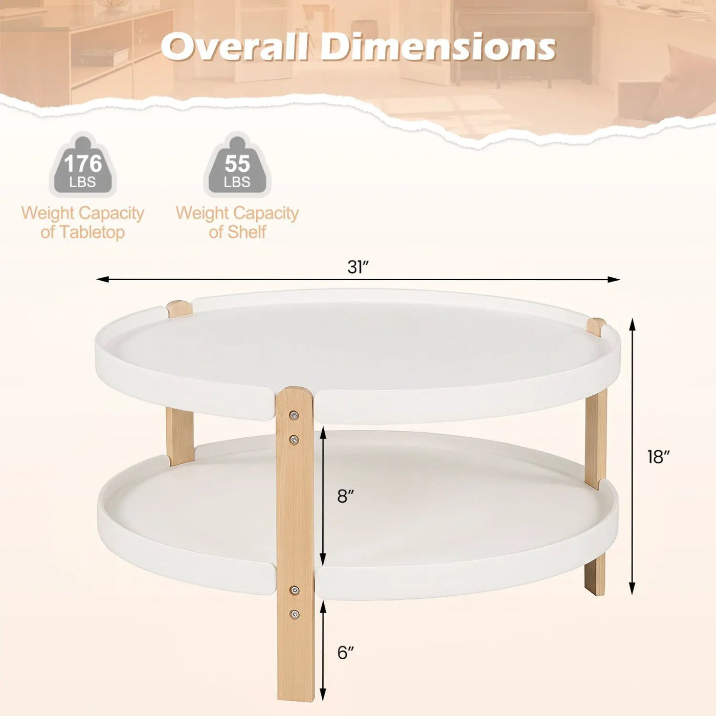 Round Coffee Table with 2-Tier Storage and Beech Wood Legs by DirectDeals