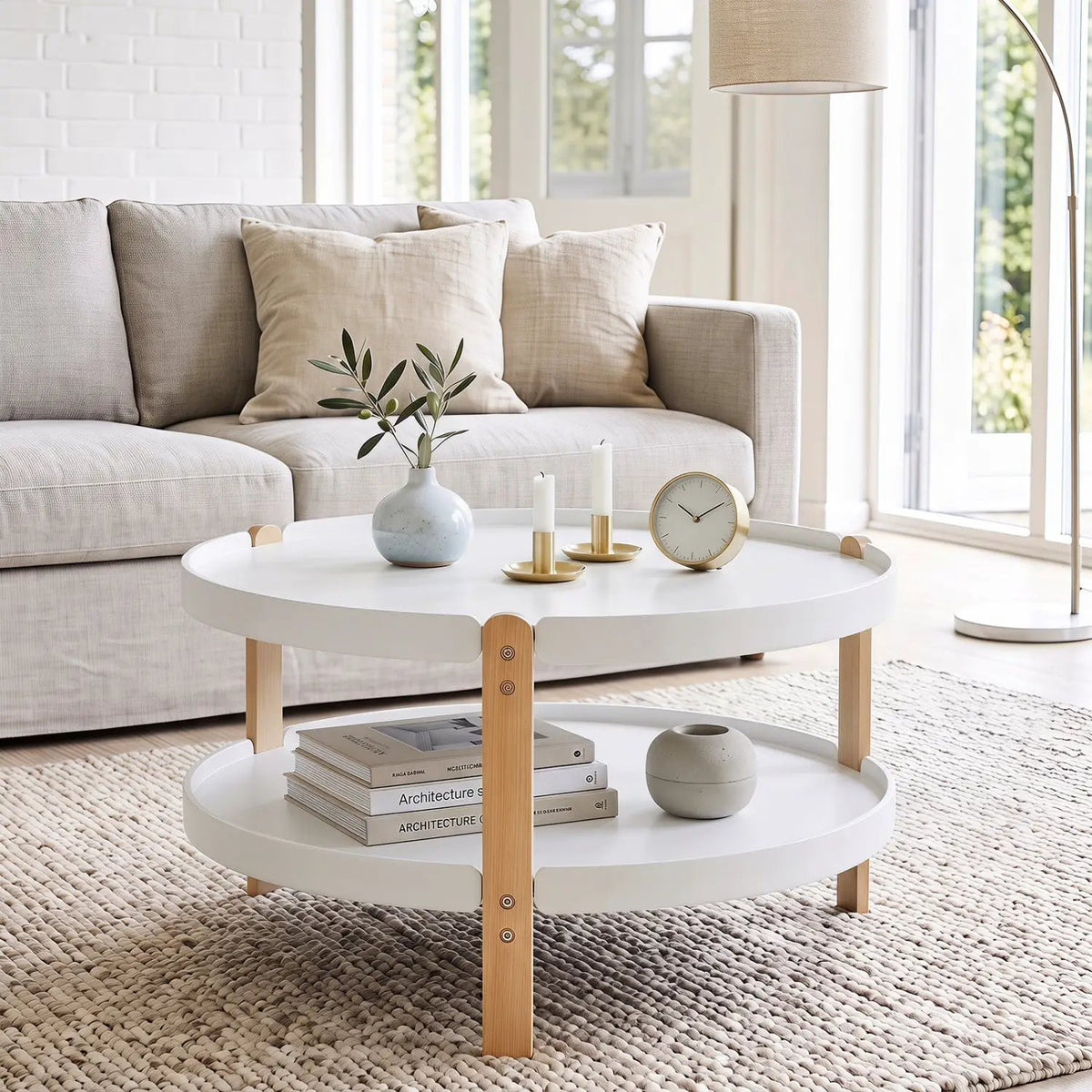 Round Coffee Table with 2-Tier Storage and Beech Wood Legs by DirectDeals