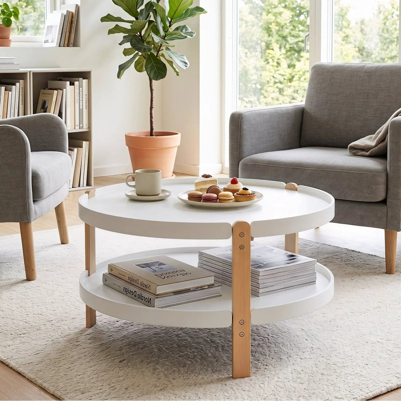 Round Coffee Table with 2-Tier Storage and Beech Wood Legs by DirectDeals