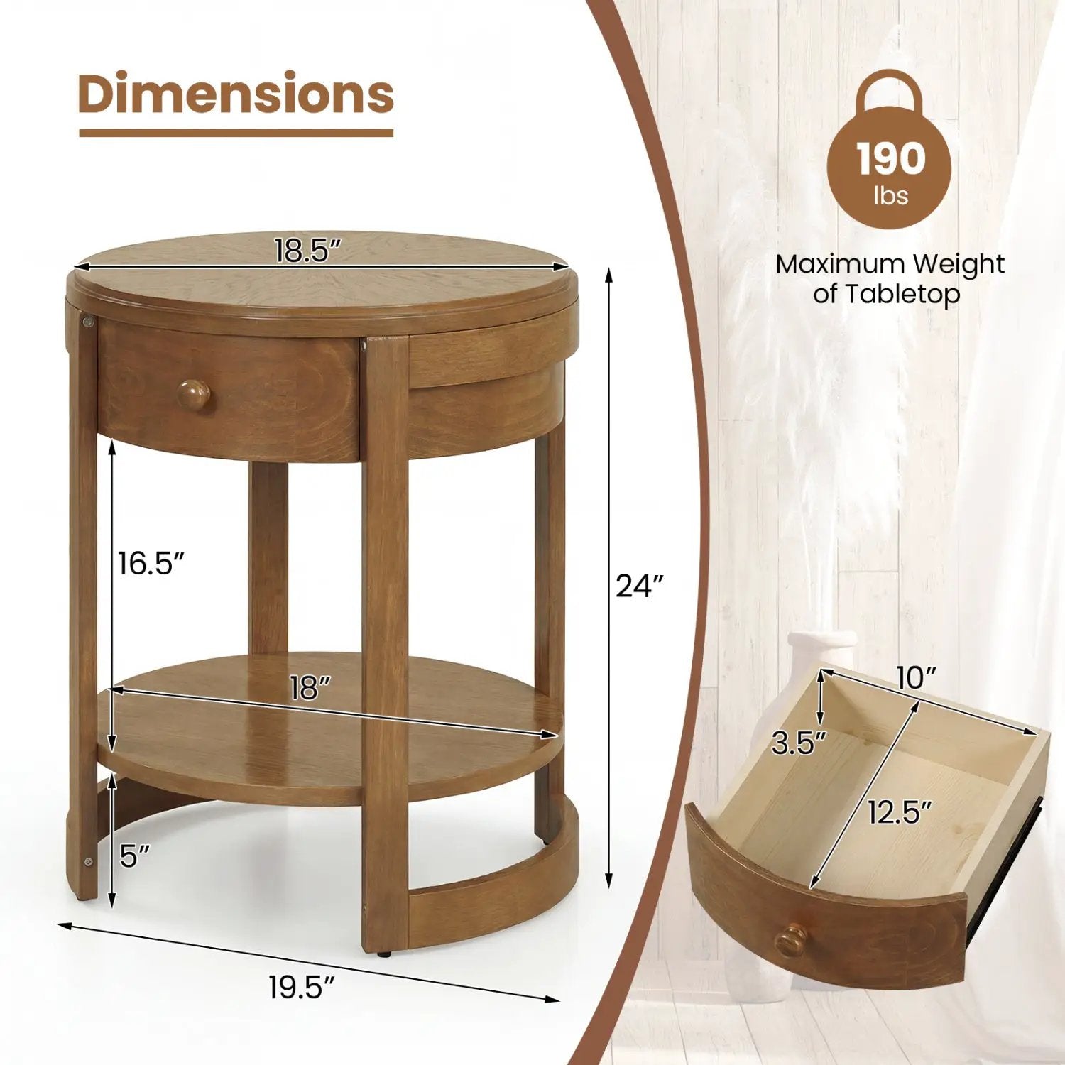 Round End Table Set of 2 with Drawer - Mid Century Modern by DirectDeals