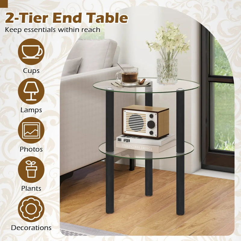 Round End Table with Tempered Glass Top and Shelf by DirectDeals