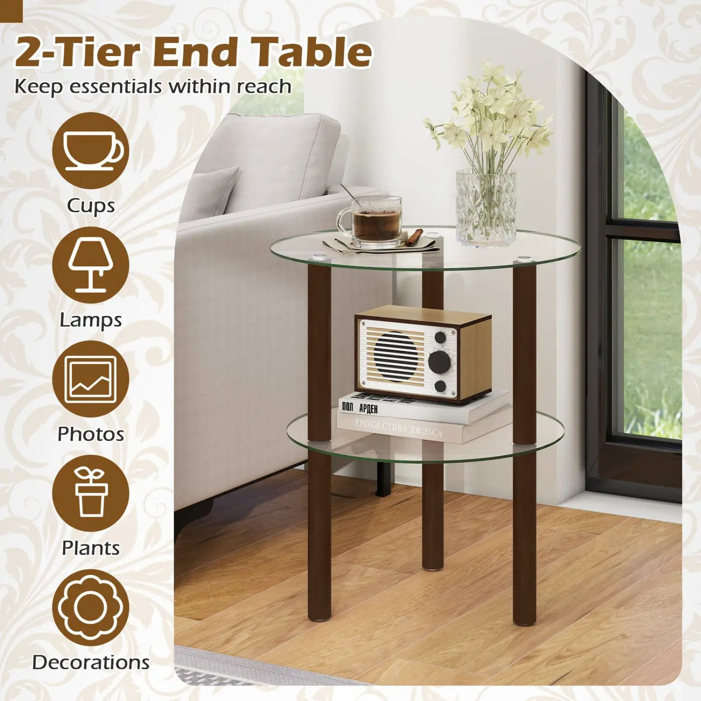 Round End Table with Tempered Glass Top and Shelf by DirectDeals