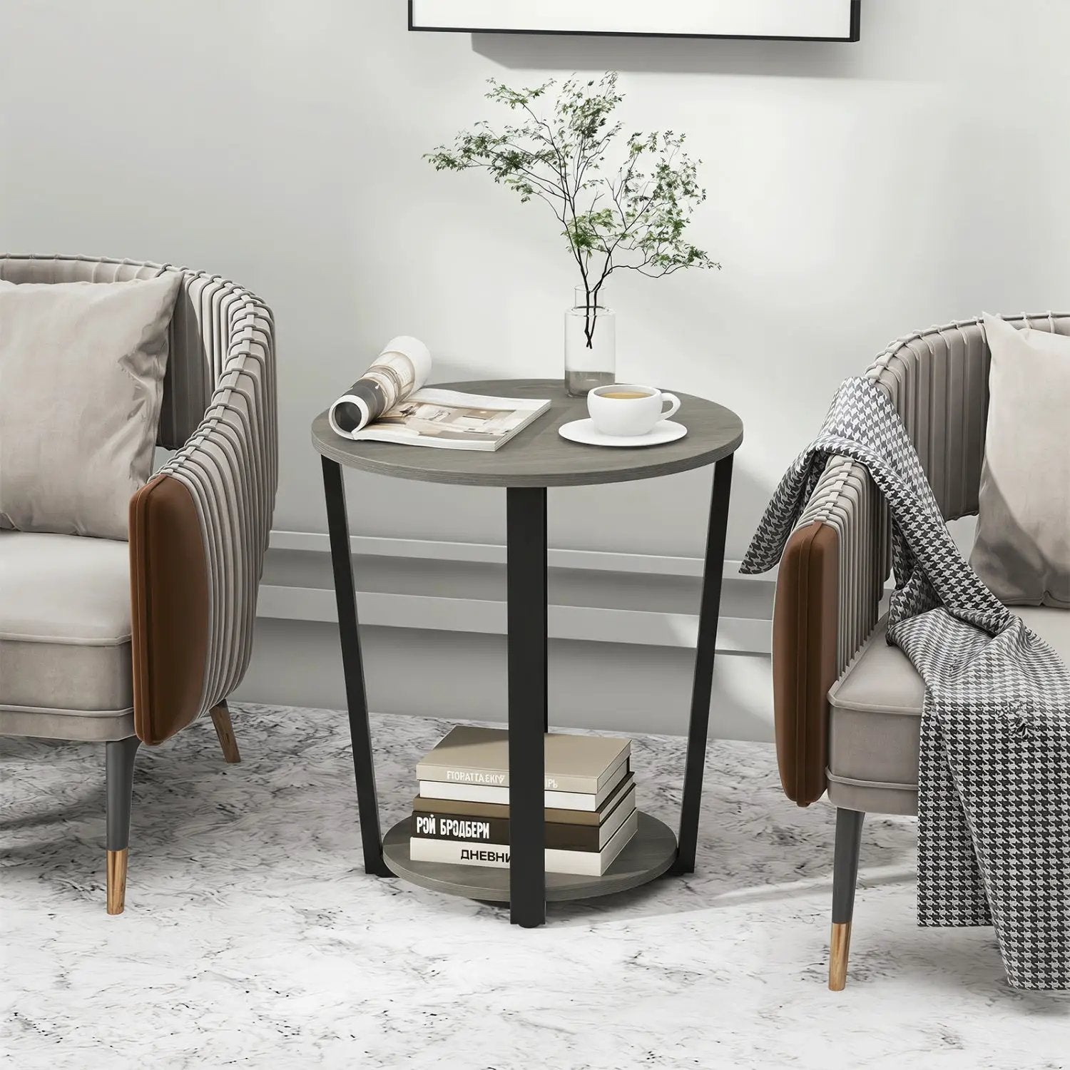 Round End Table with Storage Shelf and Metal Frame by DirectDeals