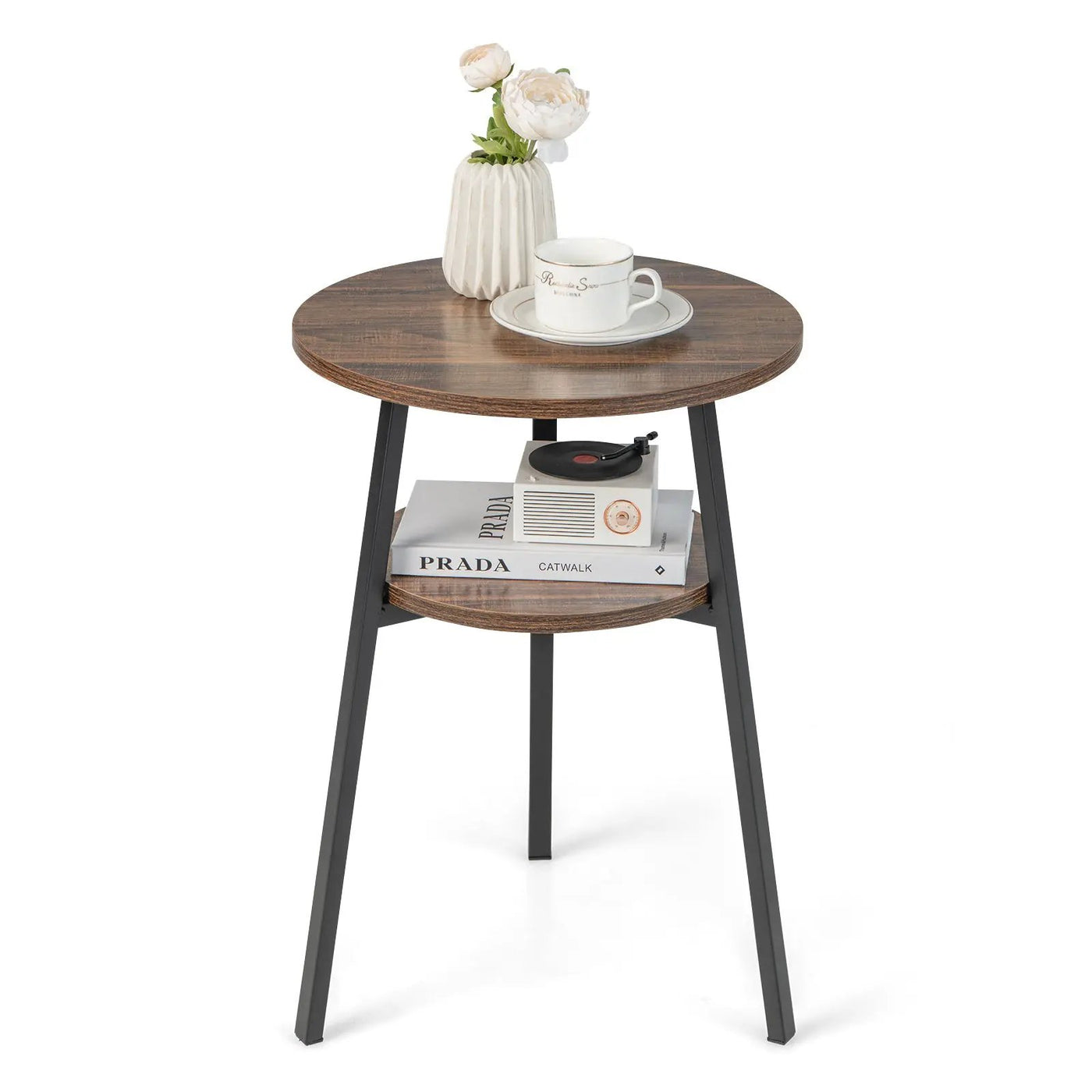 2-Tier Round End Table with Open Shelf and Triangular Metal Frame by DirectDeals
