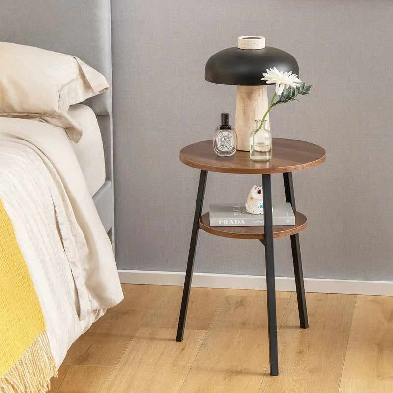 2-Tier Round End Table with Open Shelf and Triangular Metal Frame by DirectDeals