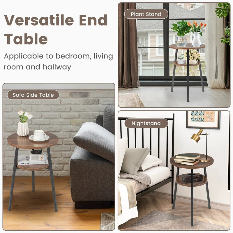 2-Tier Round End Table with Open Shelf and Triangular Metal Frame by DirectDeals