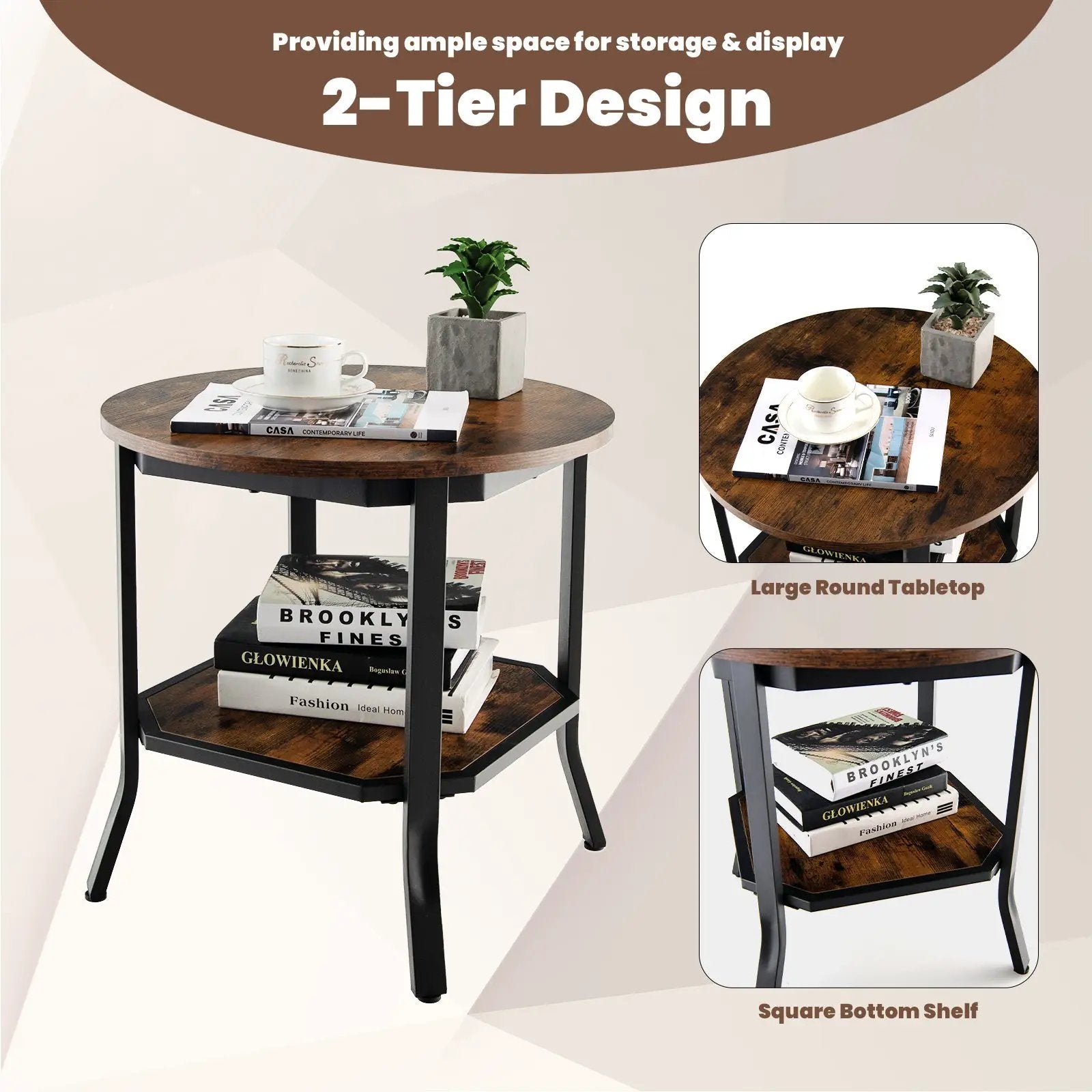 2-Tier Round End Table with Storage Shelf for Living Room-Brown by DirectDeals