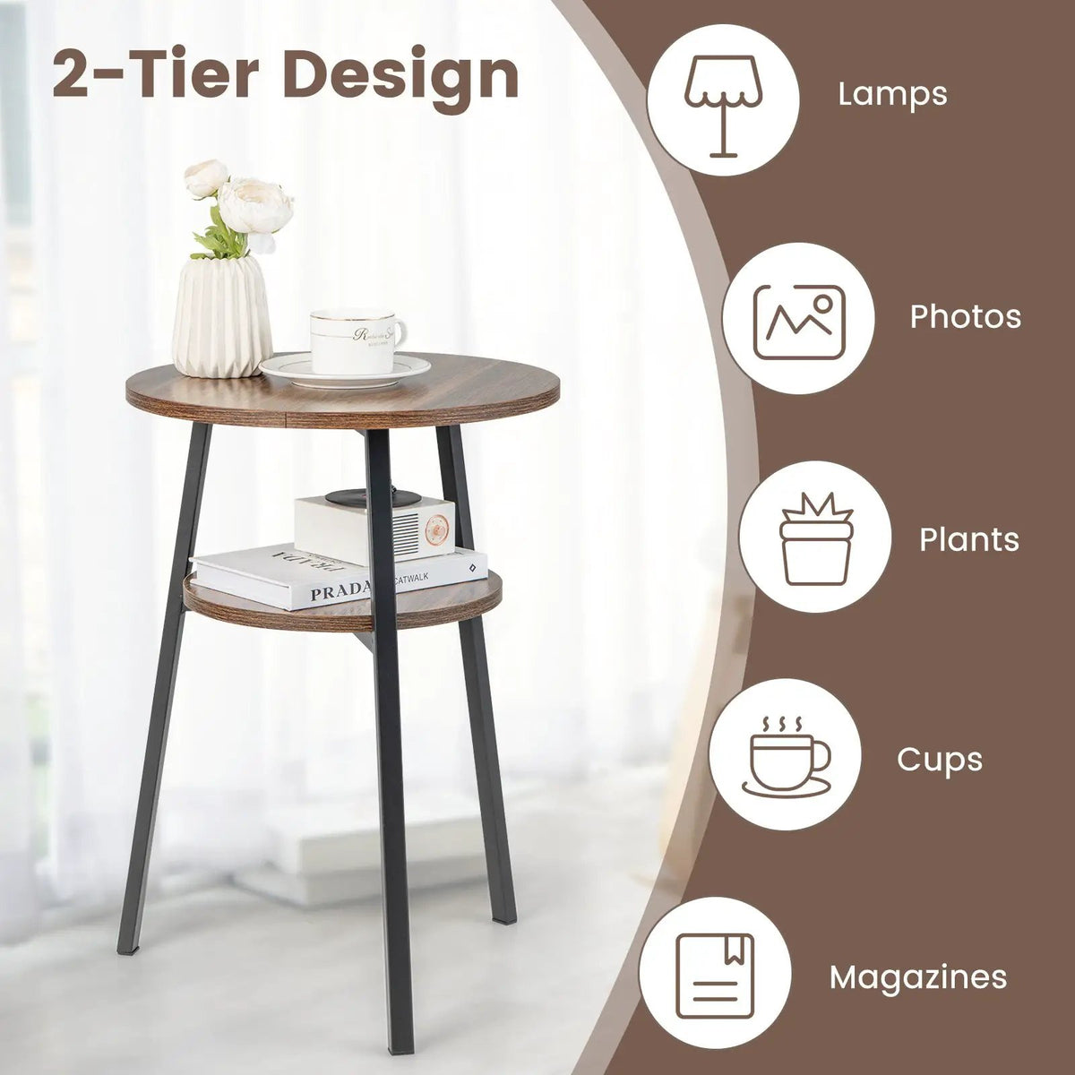 2-Tier Round End Table with Open Shelf and Triangular Metal Frame by DirectDeals