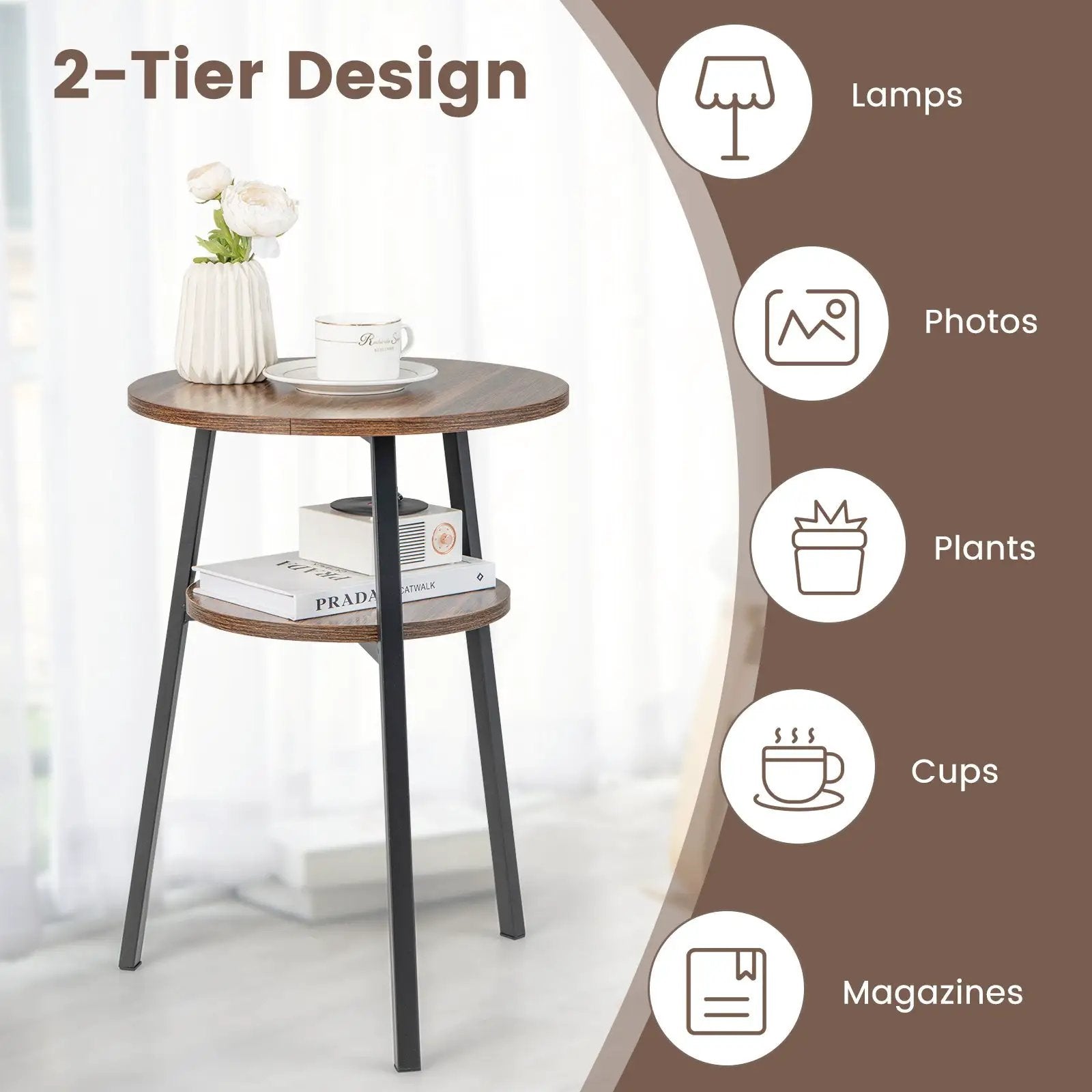 2-Tier Round End Table with Open Shelf and Triangular Metal Frame by DirectDeals