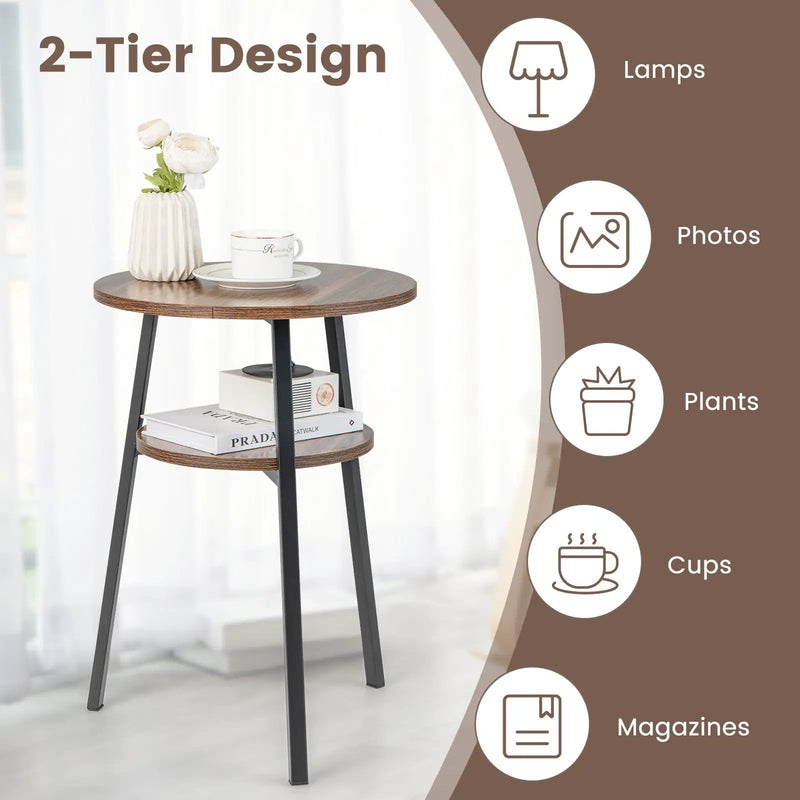 2-Tier Round End Table with Open Shelf and Triangular Metal Frame by DirectDeals
