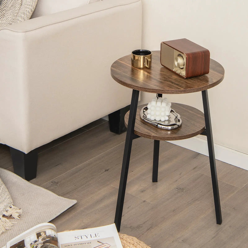 2-Tier Round End Table with Open Shelf and Triangular Metal Frame by DirectDeals
