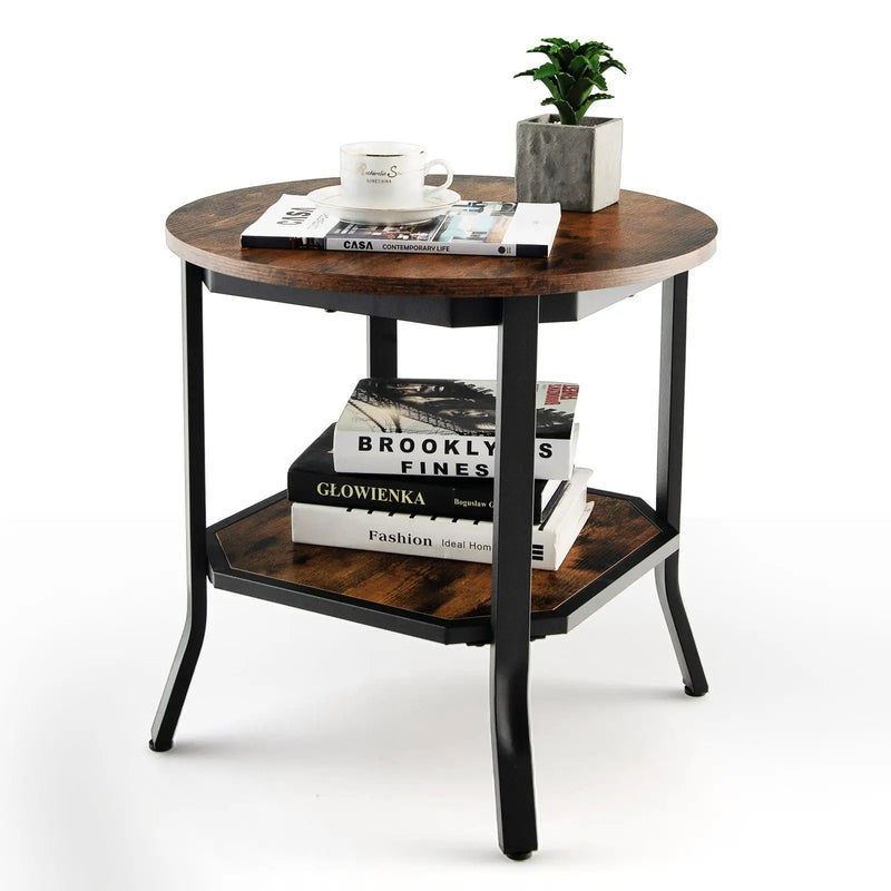 2-Tier Round End Table with Storage Shelf for Living Room-Brown by DirectDeals