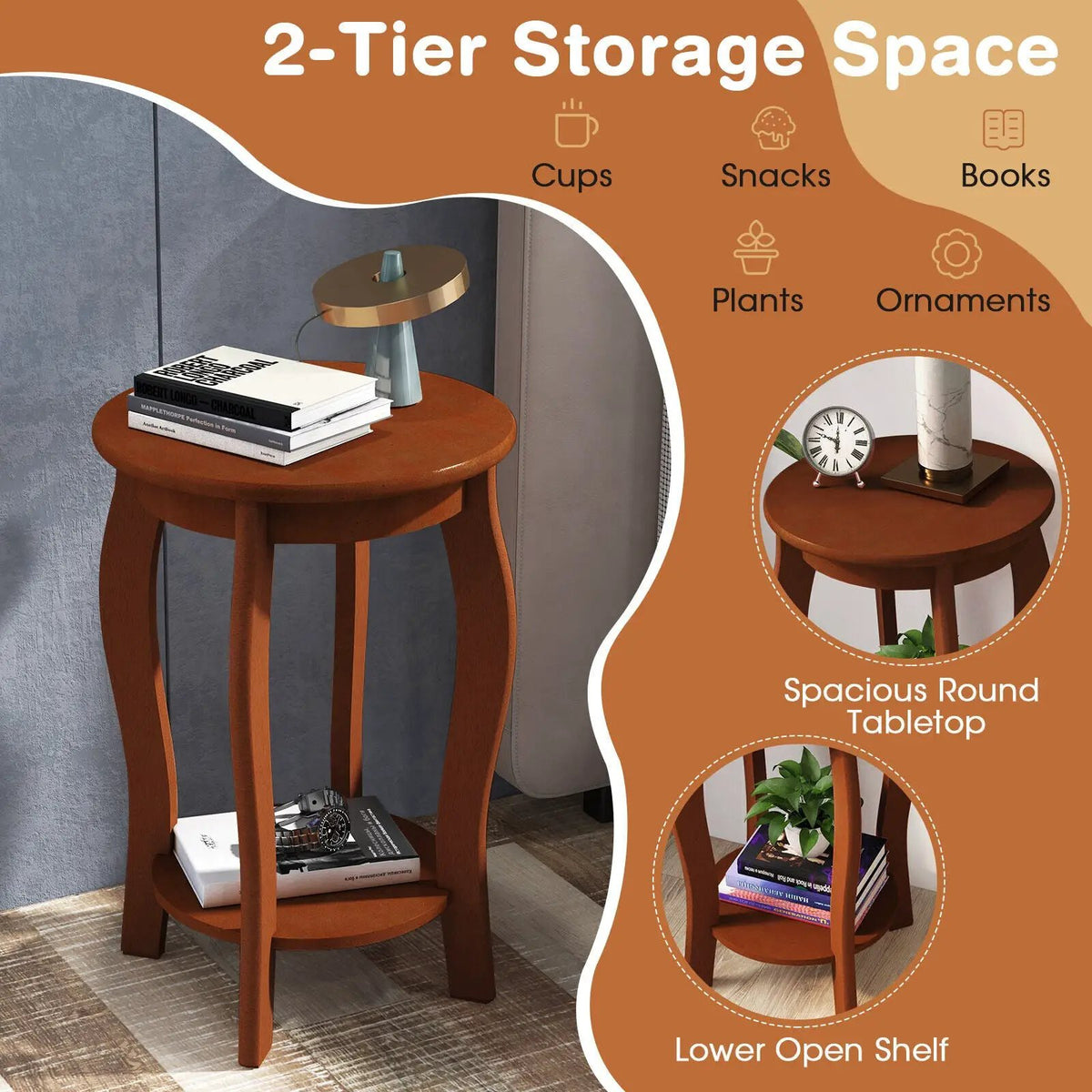15 Inch 2-Tier Round End Table with Storage Shelf by DirectDeals
