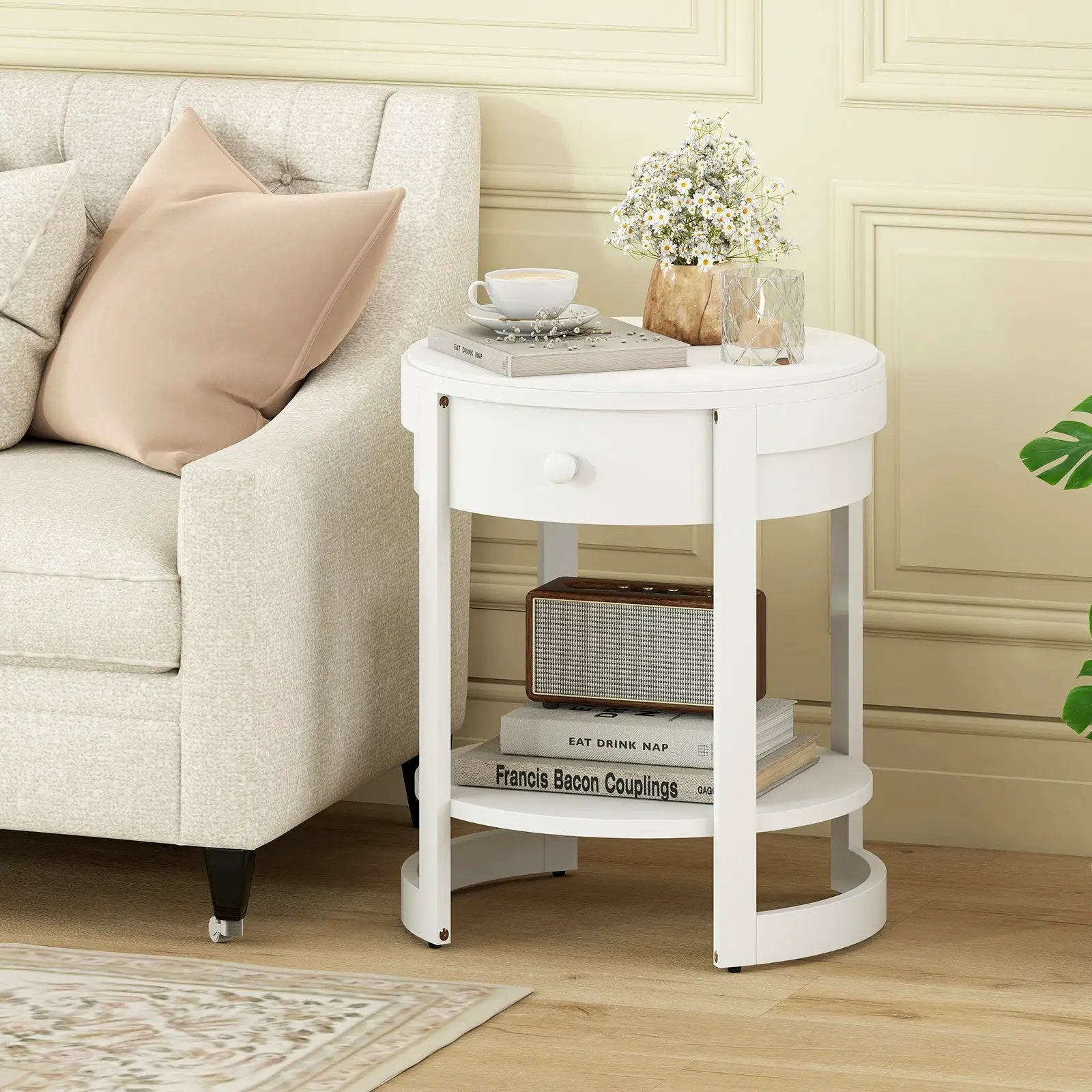 2-Tier Round End Table Mid Century Modern Nightstand with Drawer and Shelf by DirectDeals
