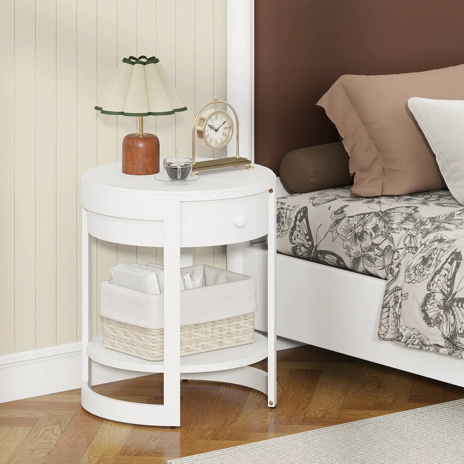 2-Tier Round End Table Mid Century Modern Nightstand with Drawer and Shelf by DirectDeals