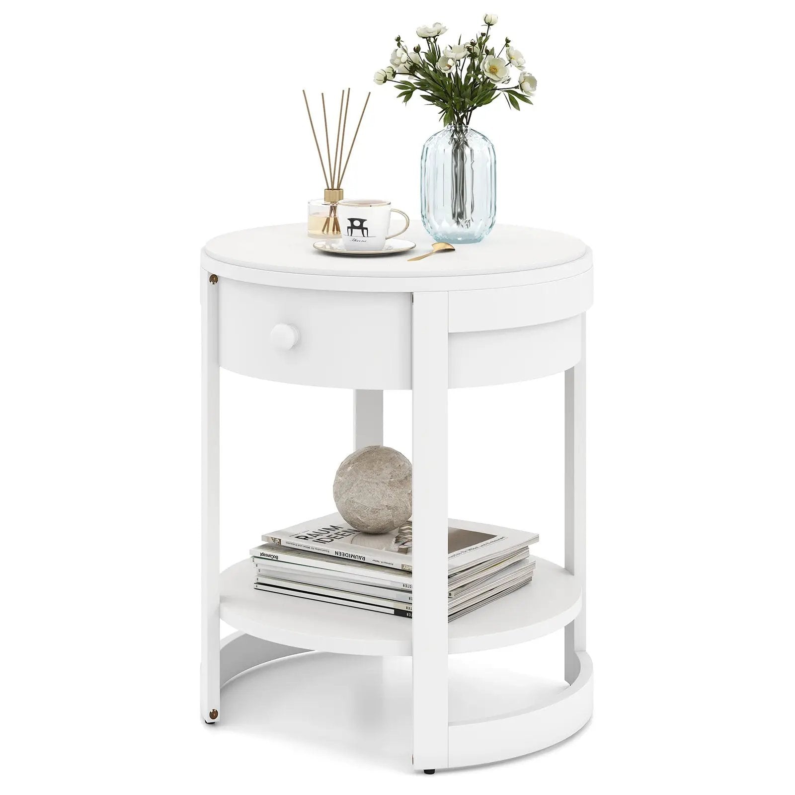 2-Tier Round End Table Mid Century Modern Nightstand with Drawer and Shelf by DirectDeals