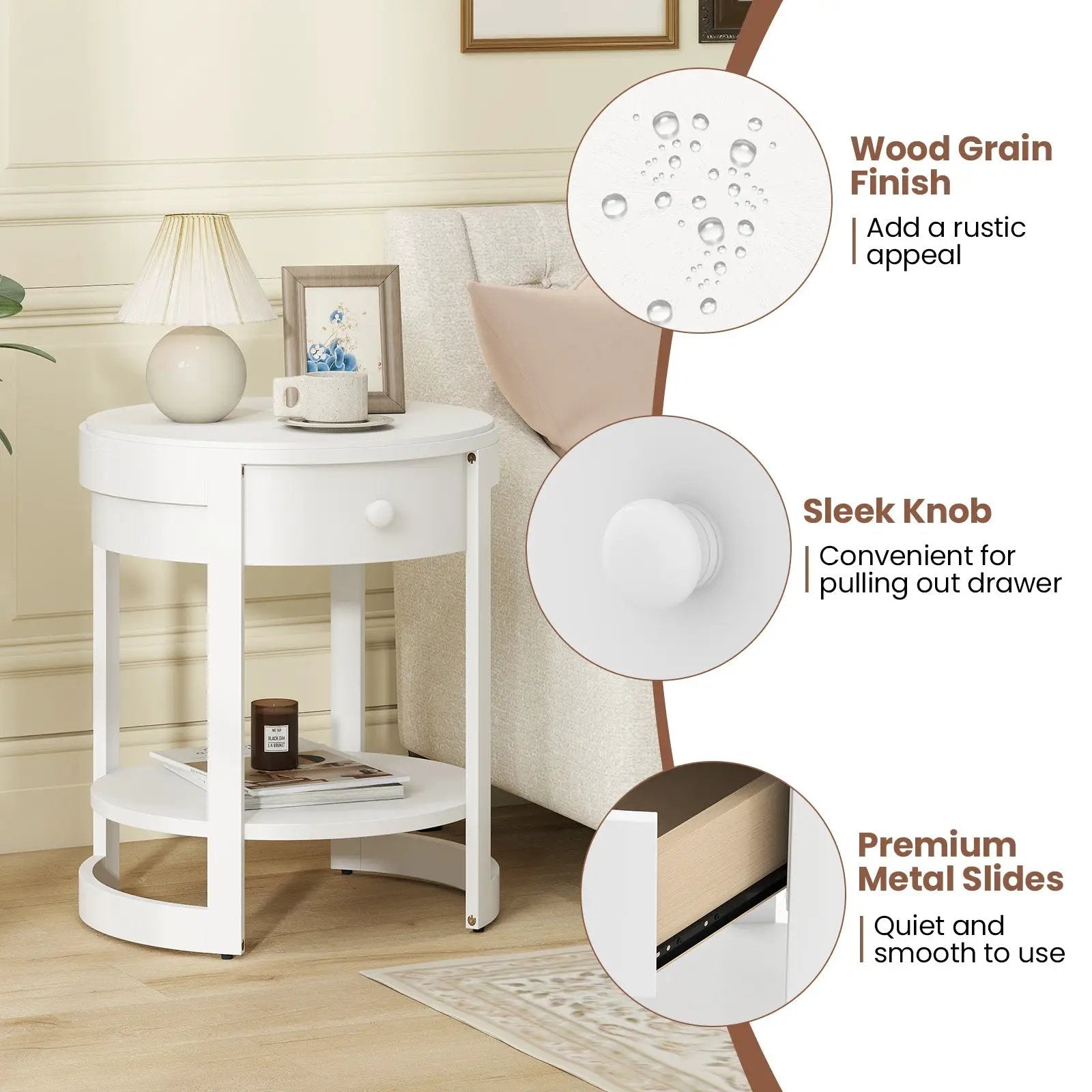 2-Tier Round End Table Mid Century Modern Nightstand with Drawer and Shelf by DirectDeals