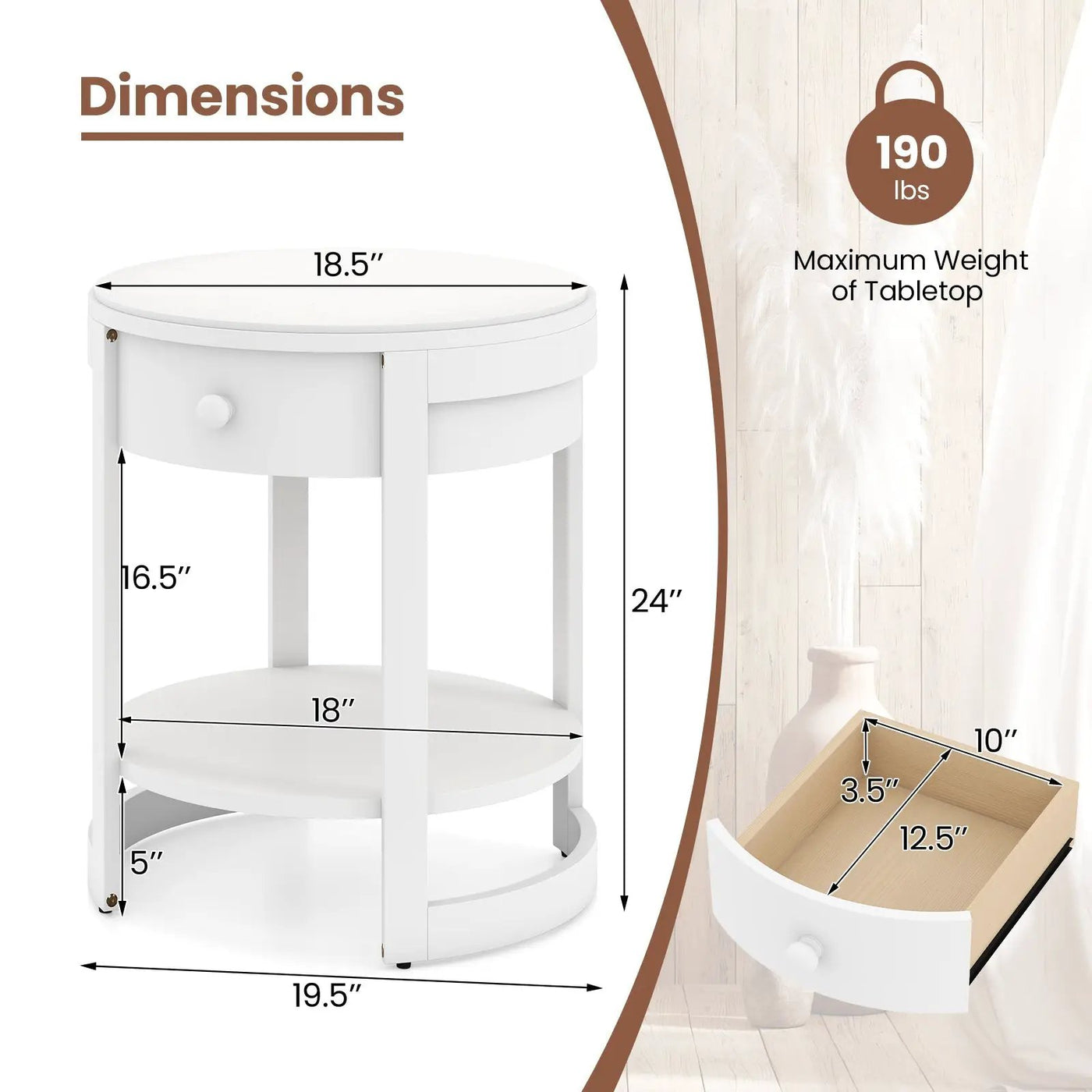 2-Tier Round End Table Mid Century Modern Nightstand with Drawer and Shelf by DirectDeals