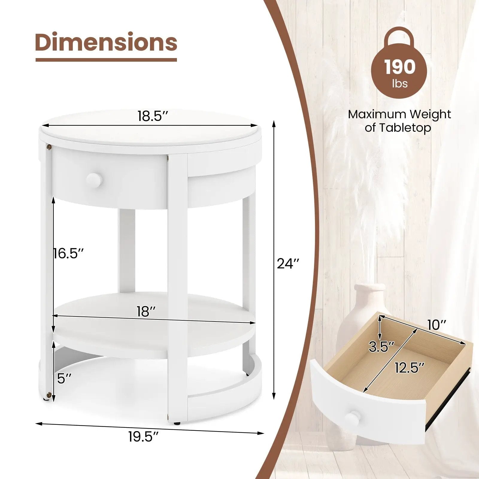 2-Tier Round End Table Mid Century Modern Nightstand with Drawer and Shelf by DirectDeals