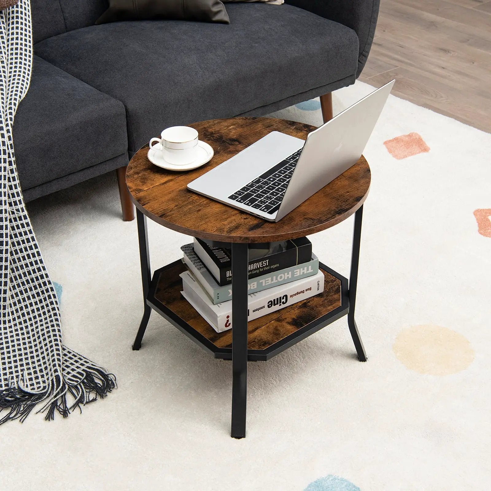 2-Tier Round End Table with Storage Shelf for Living Room-Brown by DirectDeals
