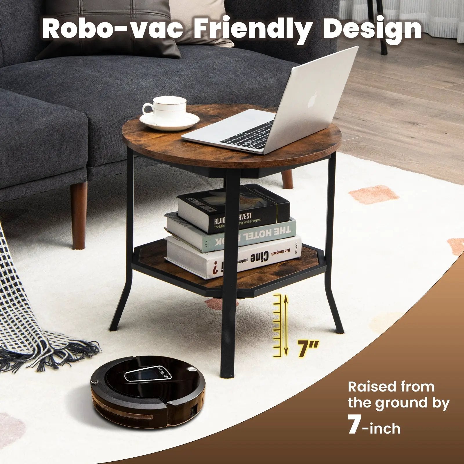 2-Tier Round End Table with Storage Shelf for Living Room-Brown by DirectDeals