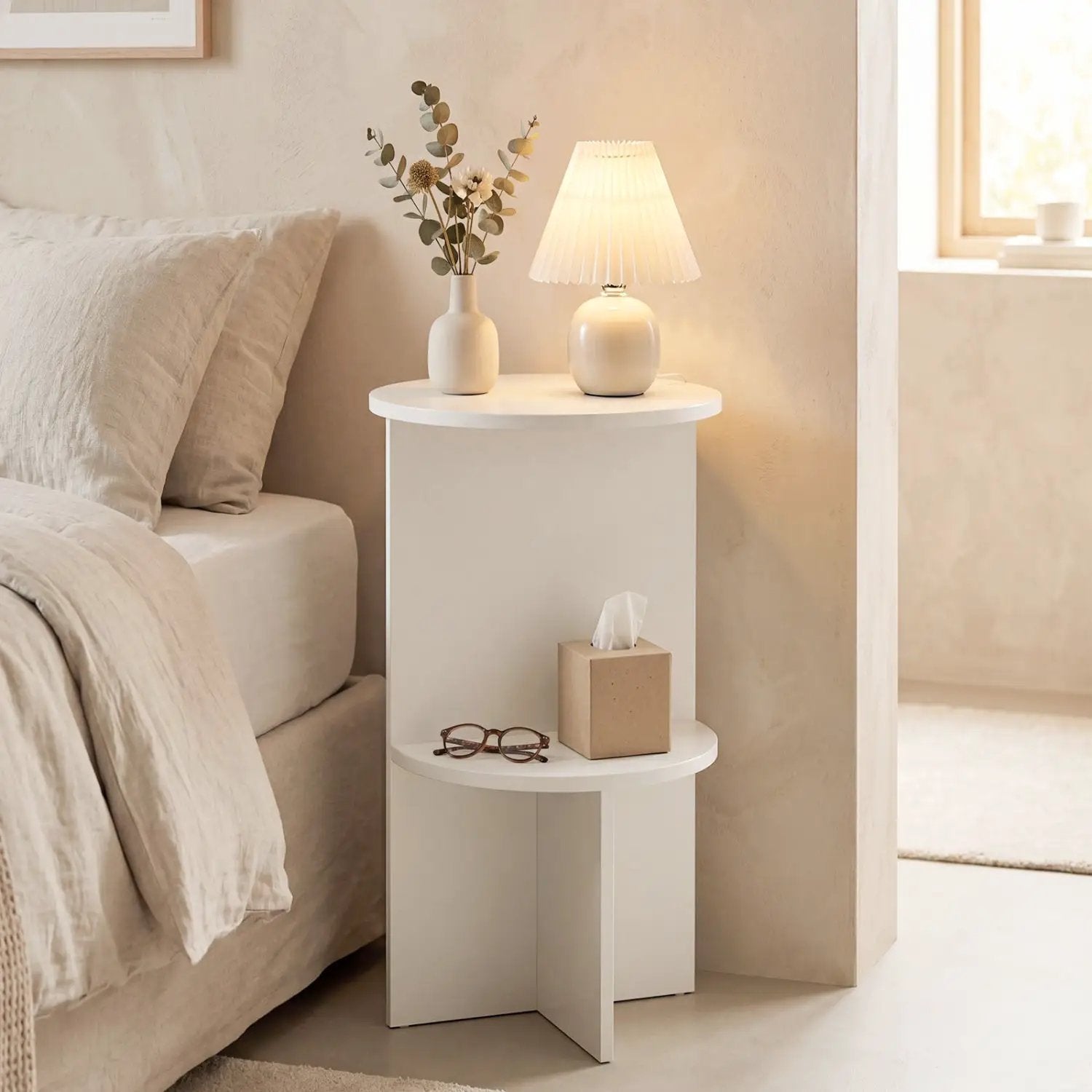 Round Side Table with Storage Shelf, 2-Tier White by DirectDeals