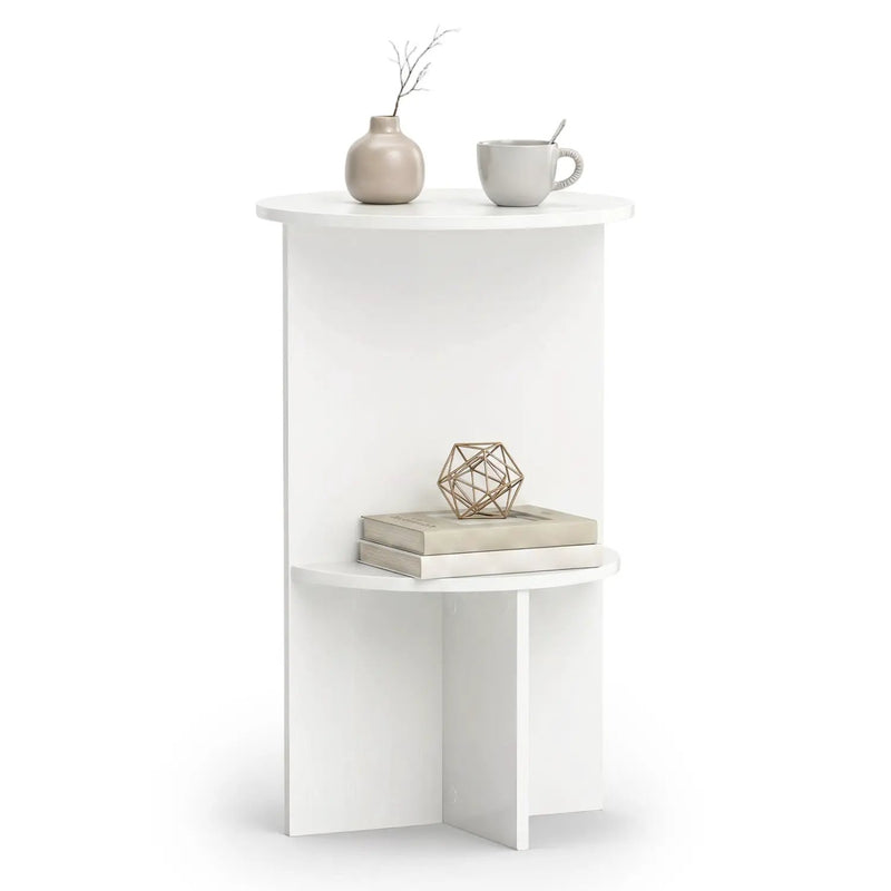 Round Side Table with Storage Shelf, 2-Tier White by DirectDeals