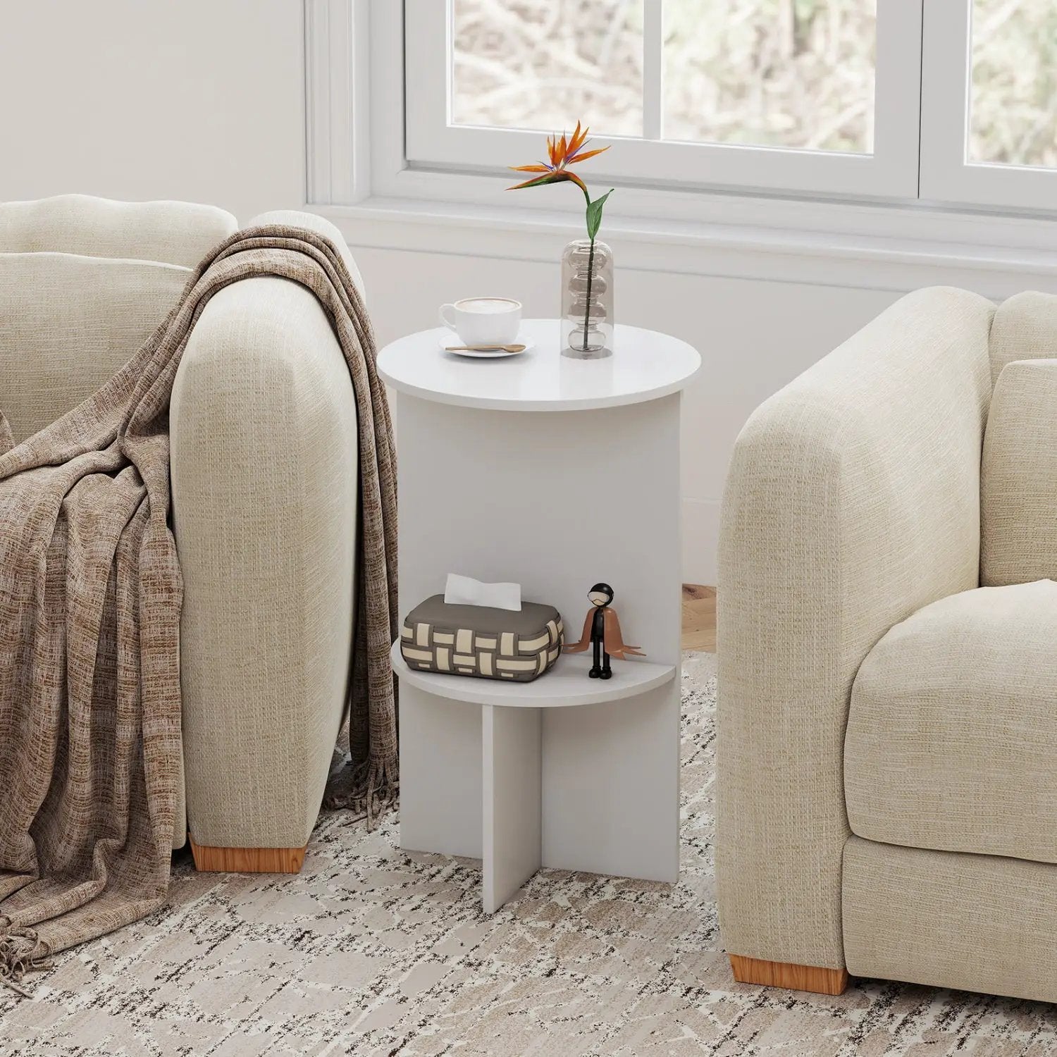 Round Side Table with Storage Shelf, 2-Tier White by DirectDeals