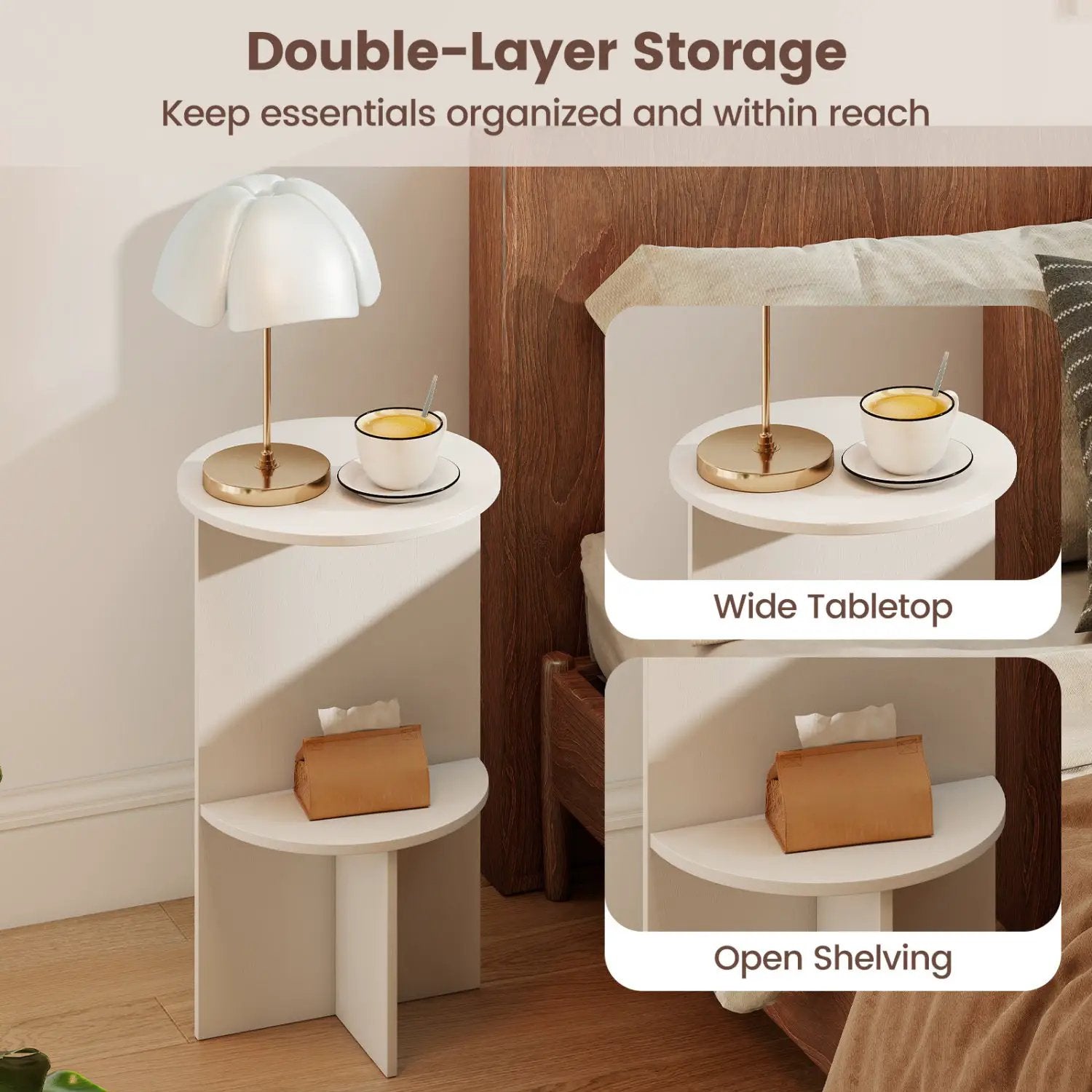 Round Side Table with Storage Shelf, 2-Tier White by DirectDeals