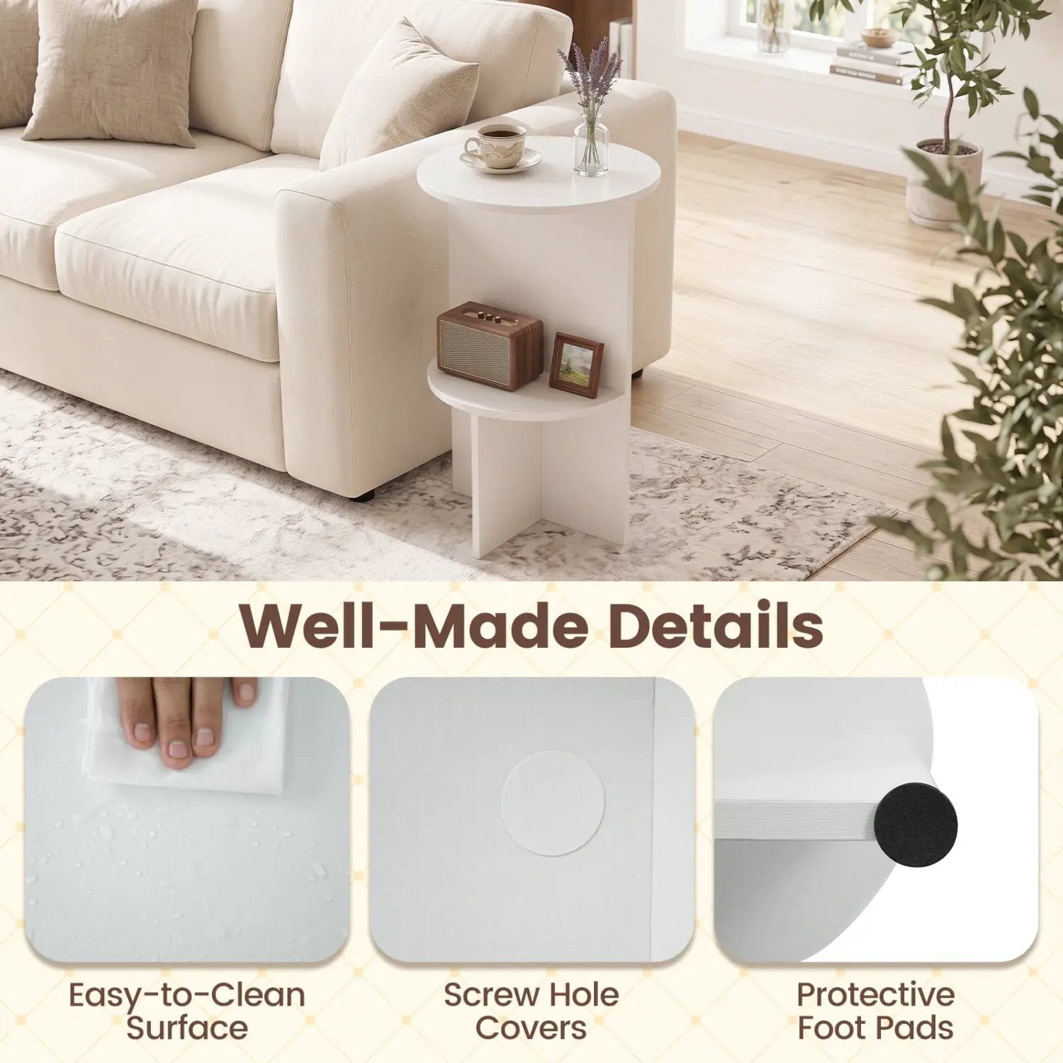 Round Side Table with Storage Shelf, 2-Tier White by DirectDeals