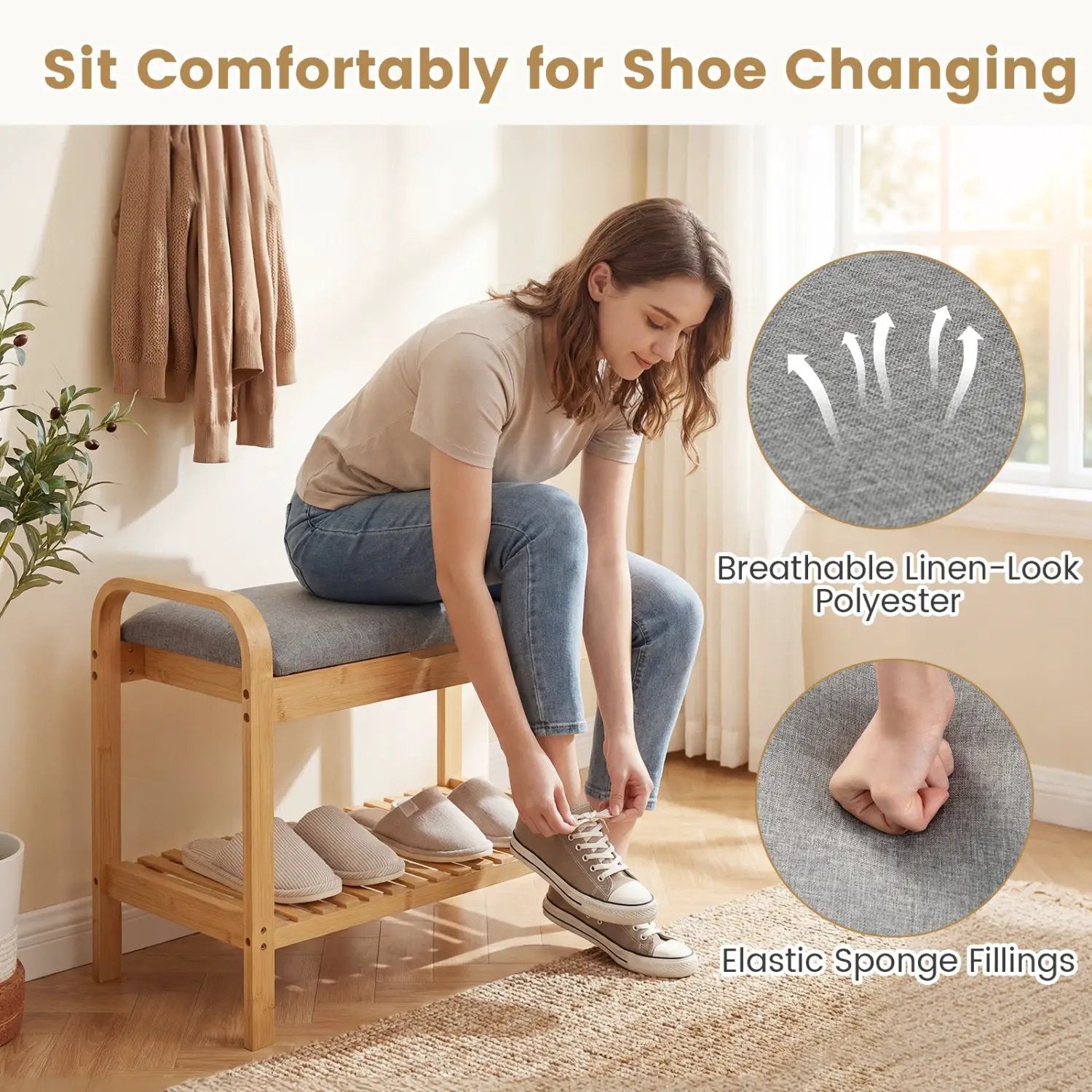 2-Tier Shoe Rack Bench with Flip-Top Storage-Natural by DirectDeals
