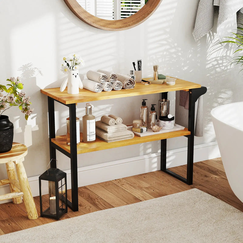 2-Tier Solid Teak Wood Bathroom Shelf with Towel Rack by DirectDeals