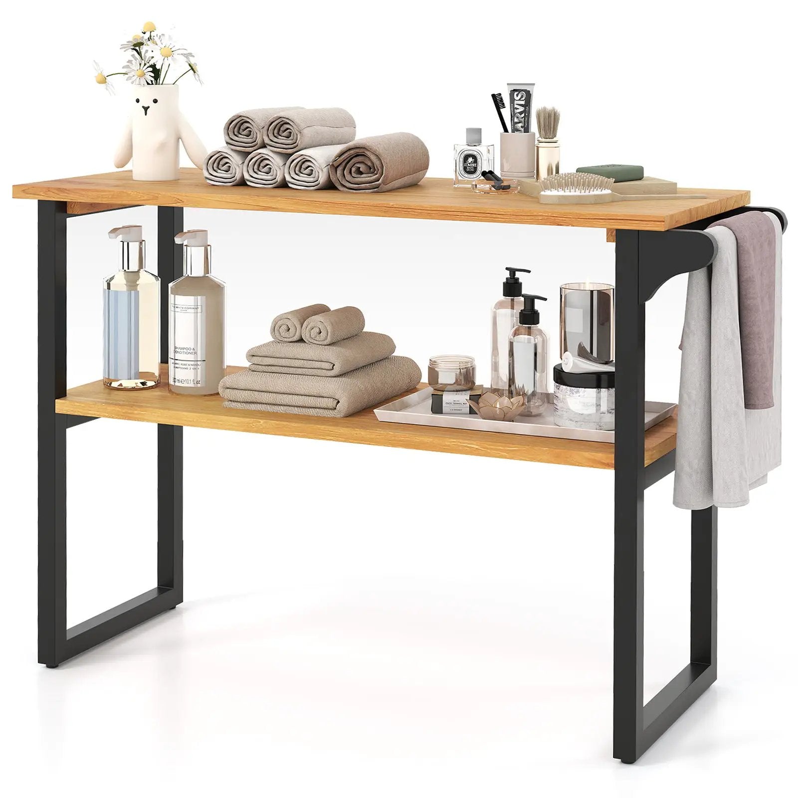 2-Tier Solid Teak Wood Bathroom Shelf with Towel Rack by DirectDeals