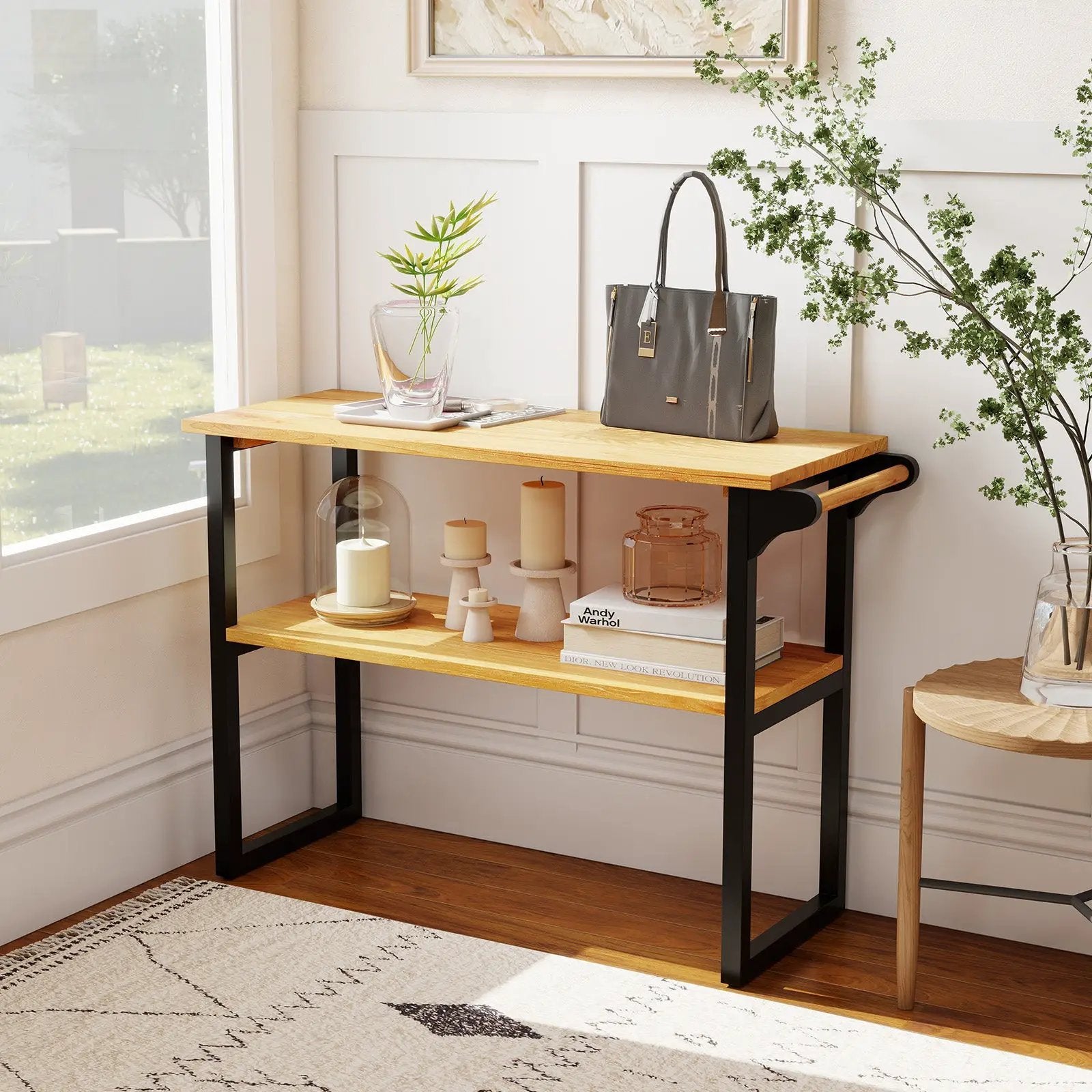 2-Tier Solid Teak Wood Bathroom Shelf with Towel Rack by DirectDeals