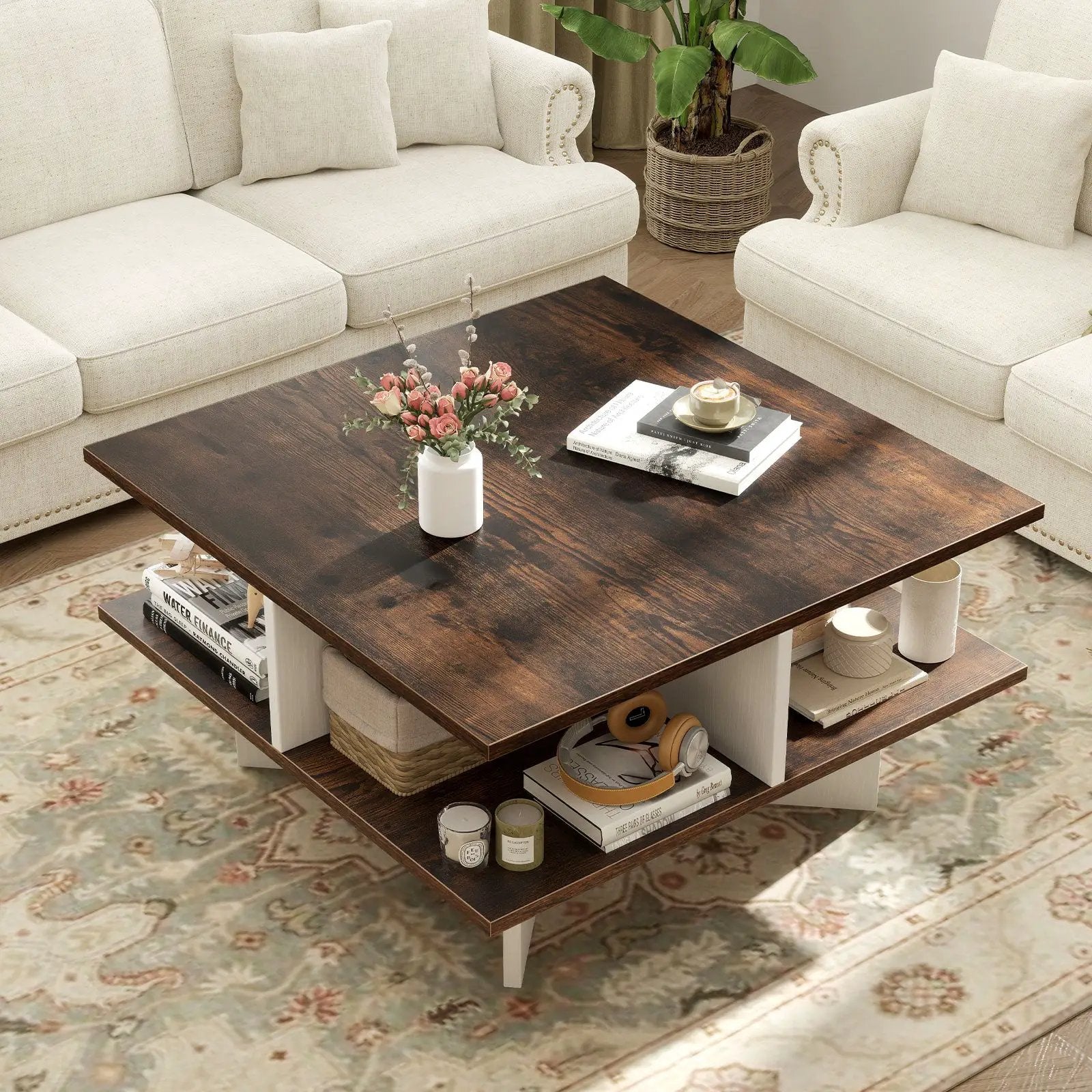 2-Tier Square Coffee Table with 4 Storage Compartments-Rustic Brown by DirectDeals