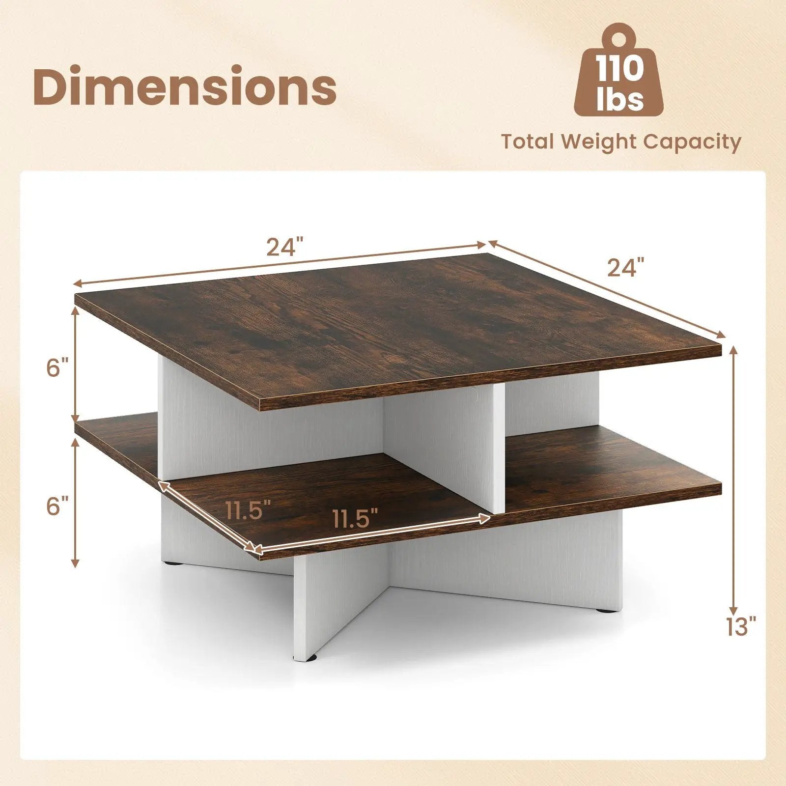 2-Tier Square Coffee Table with 4 Storage Compartments-Rustic Brown by DirectDeals