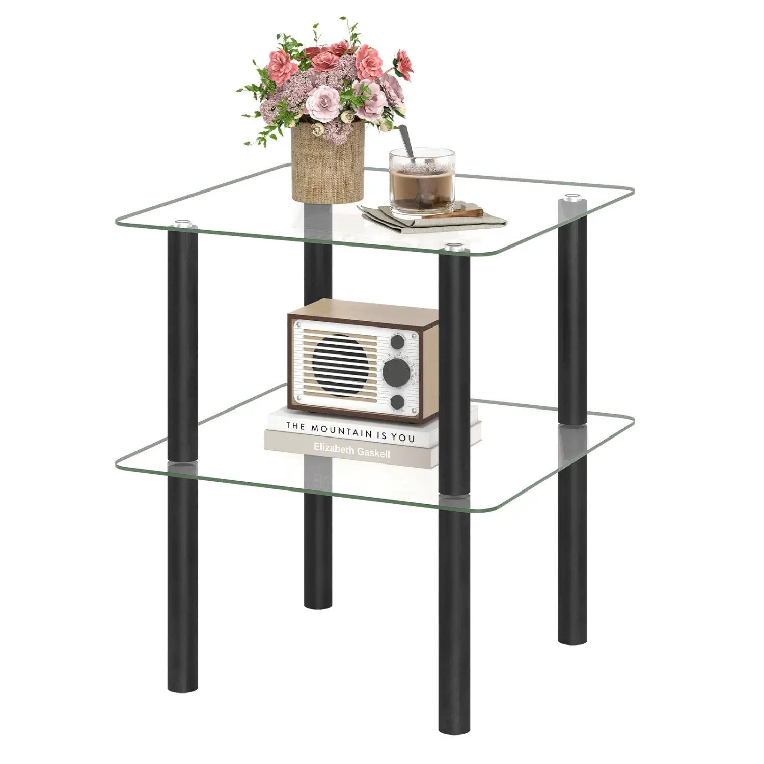 Square End Table with Tempered Glass Top and Shelf by DirectDeals