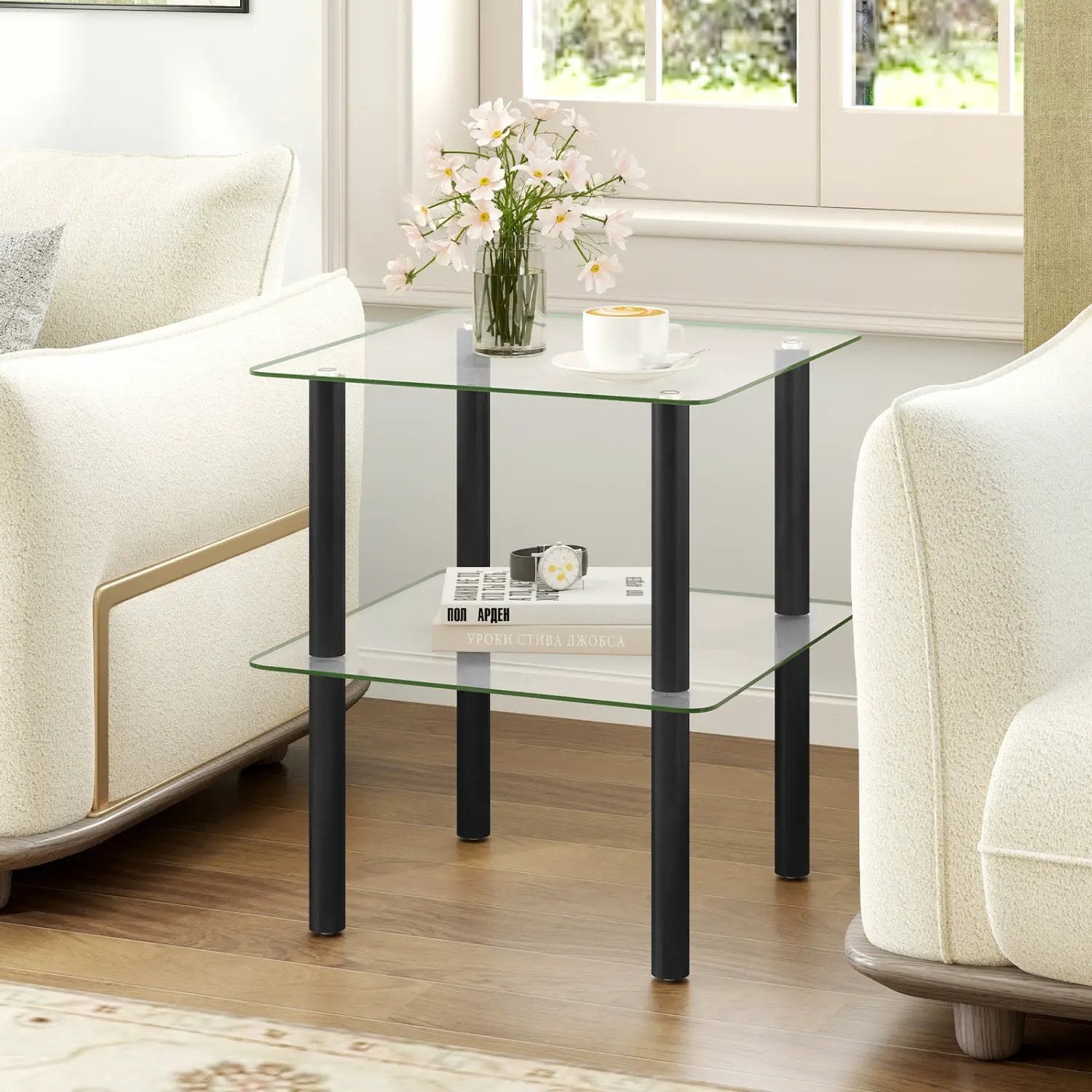 Square End Table with Tempered Glass Top and Shelf by DirectDeals