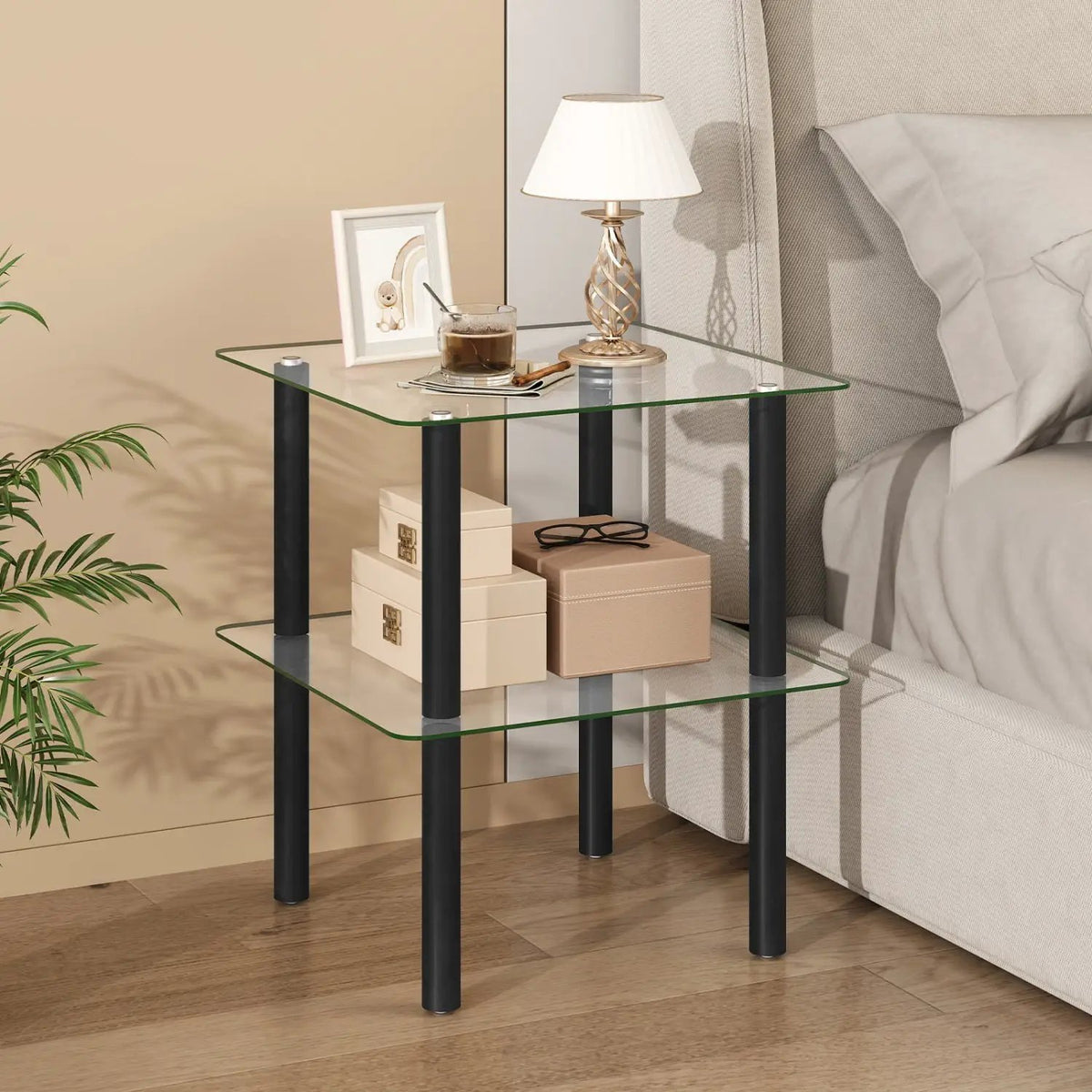 Square End Table with Tempered Glass Top and Shelf by DirectDeals