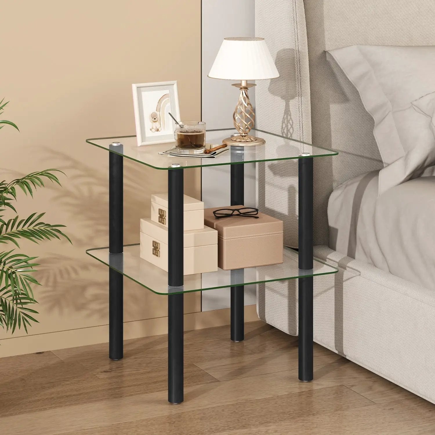 Square End Table with Tempered Glass Top and Shelf by DirectDeals