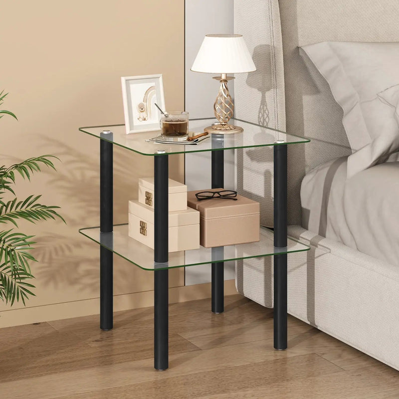 Square End Table with Tempered Glass Top and Shelf by DirectDeals