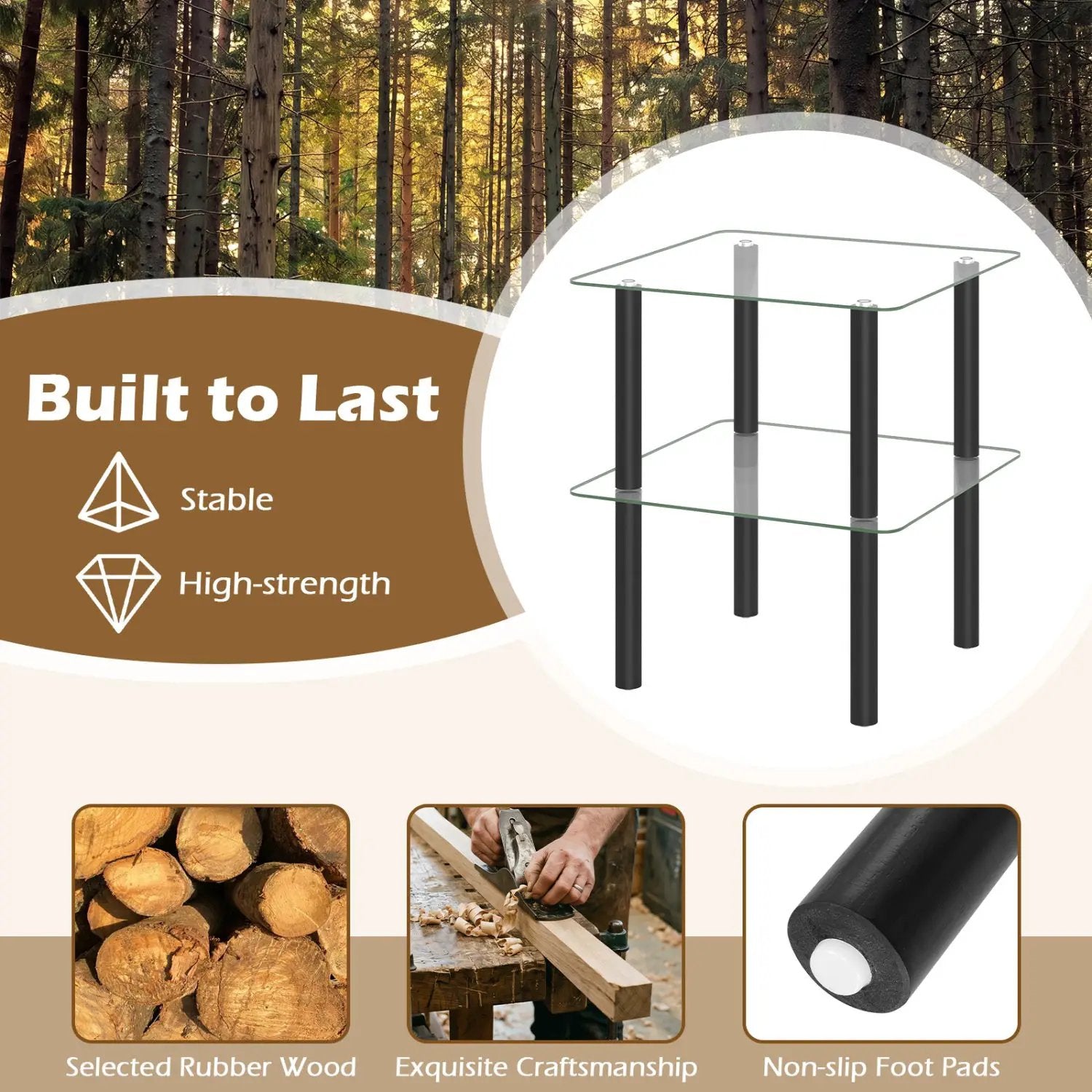 Square End Table with Tempered Glass Top and Shelf by DirectDeals