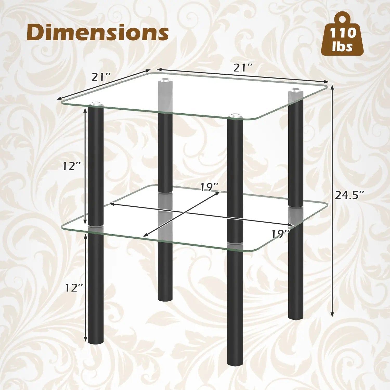 Square End Table with Tempered Glass Top and Shelf by DirectDeals