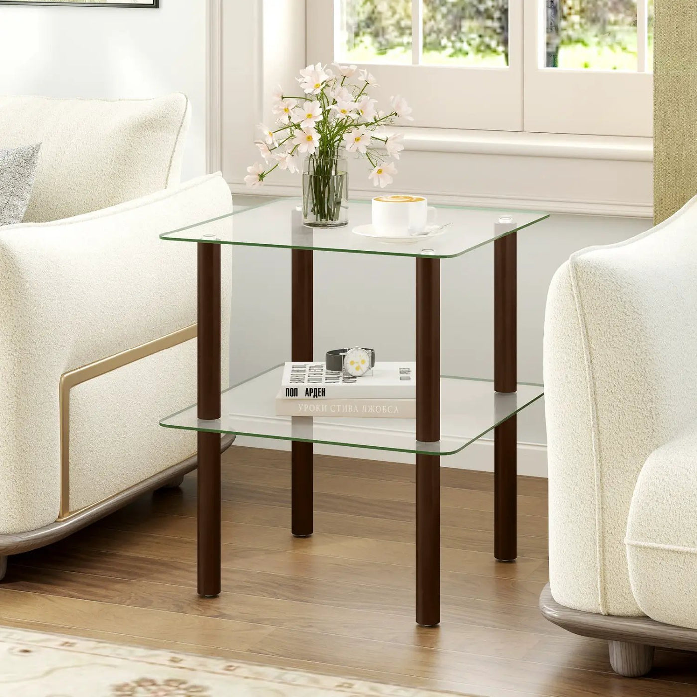 Square End Table with Tempered Glass Top and Shelf by DirectDeals