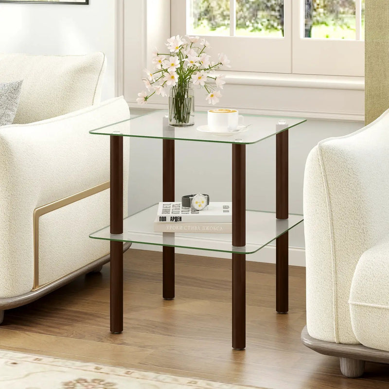 Square End Table with Tempered Glass Top and Shelf by DirectDeals