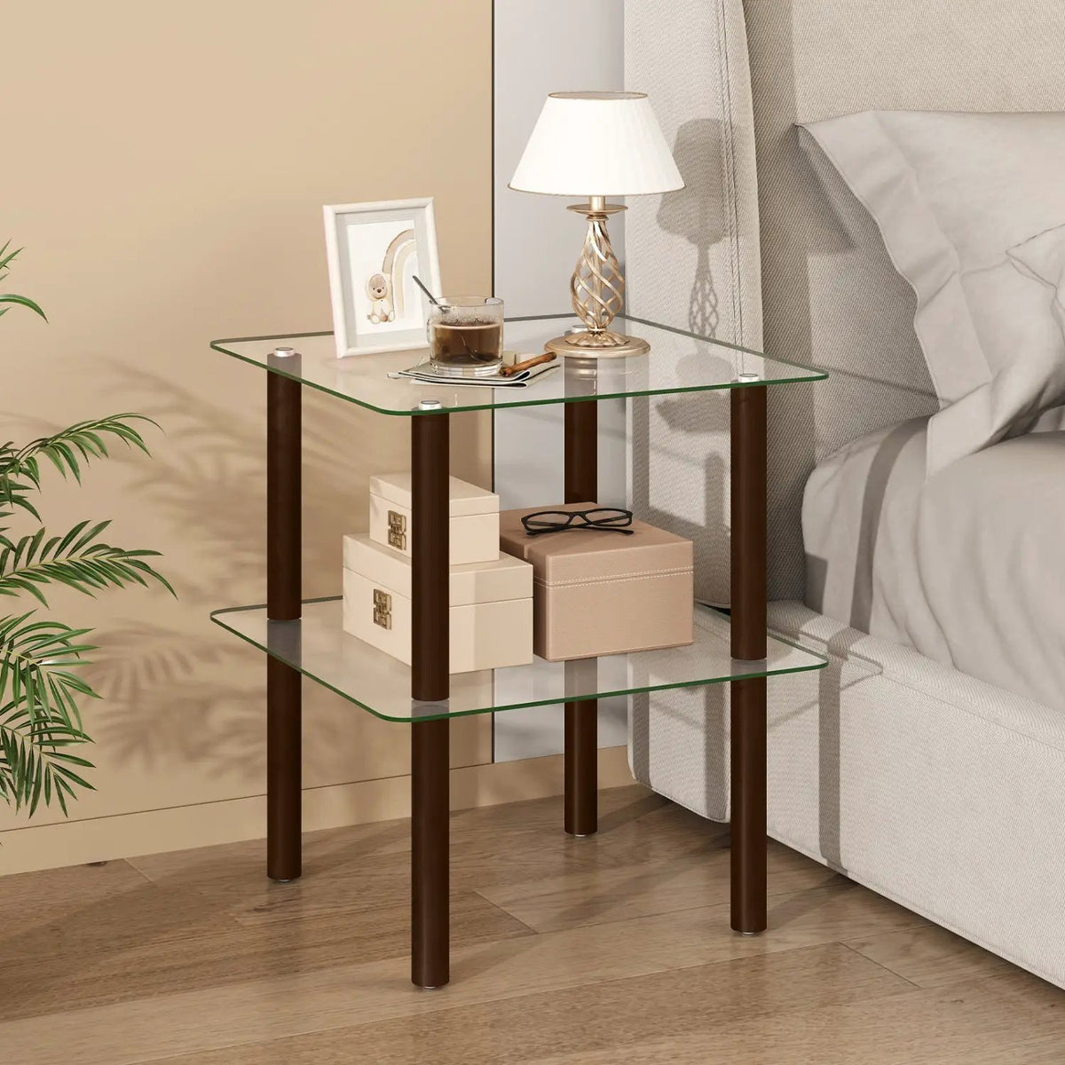Square End Table with Tempered Glass Top and Shelf by DirectDeals