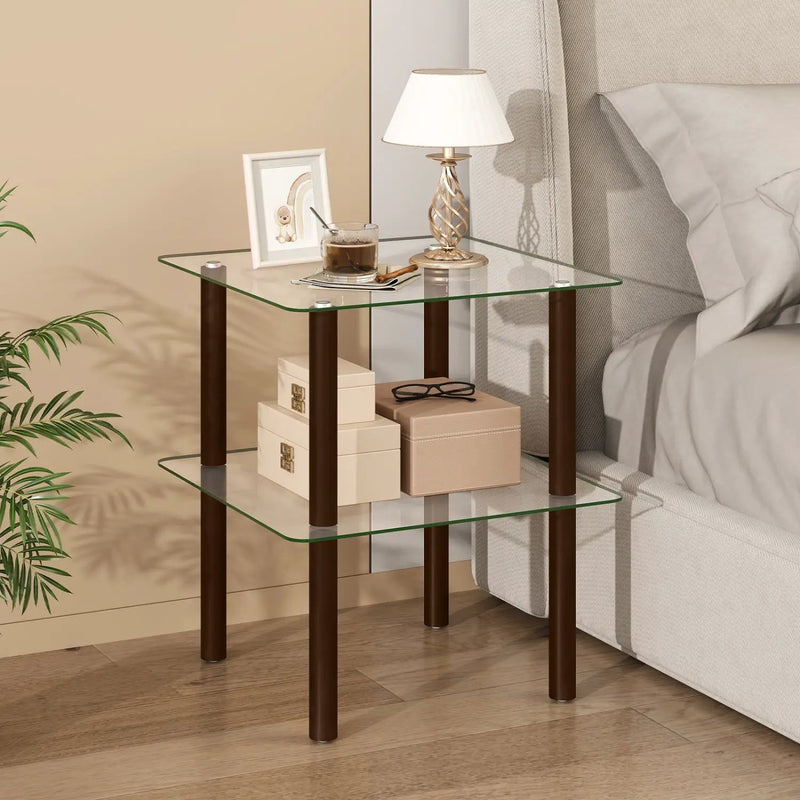 Square End Table with Tempered Glass Top and Shelf by DirectDeals