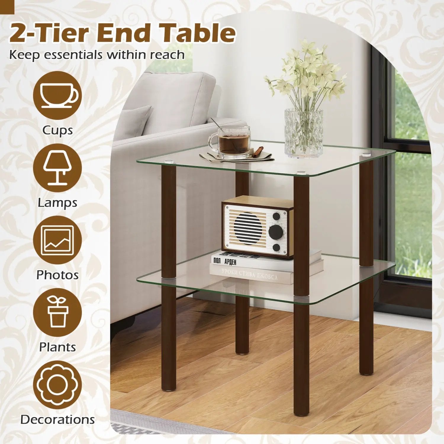 Square End Table with Tempered Glass Top and Shelf by DirectDeals